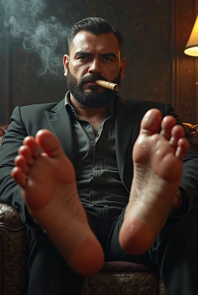A handsome,Orc with abs tied to the sofa,Shoes taken off,Revealing two big bare feet,Both feet are locked in the foot,Feet raised,Soles facing forward,Five toes tied with rope in foot,His hands were tied tightly to one end of the sofa.,His upper body was stripped,Wearing only a pair of trousers,Being tickled by a man in a cap,His armpits were constantly tickled by feathers.,The soles of his feet were being scratched by two brushes.,The toes are also tickled by the feathers growing from the toes.。The abdomen is scratched with a brush,And he laughed,Struggling hysterically,Swinging his two feet,I want to escape from this nightmare.,But can only endure the punishment of being tickled。*(Have an expression of laughing like being tickled,Keep your feet elevated,The soles of your feet should face the screen)