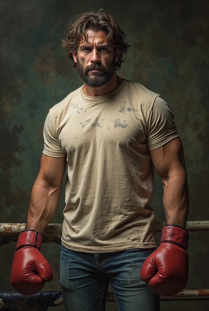old Joel Miller from The Last of us, bare knuckle fighting, bare chested, sweaty, outside at night, full body shot, fists up, ready to fight