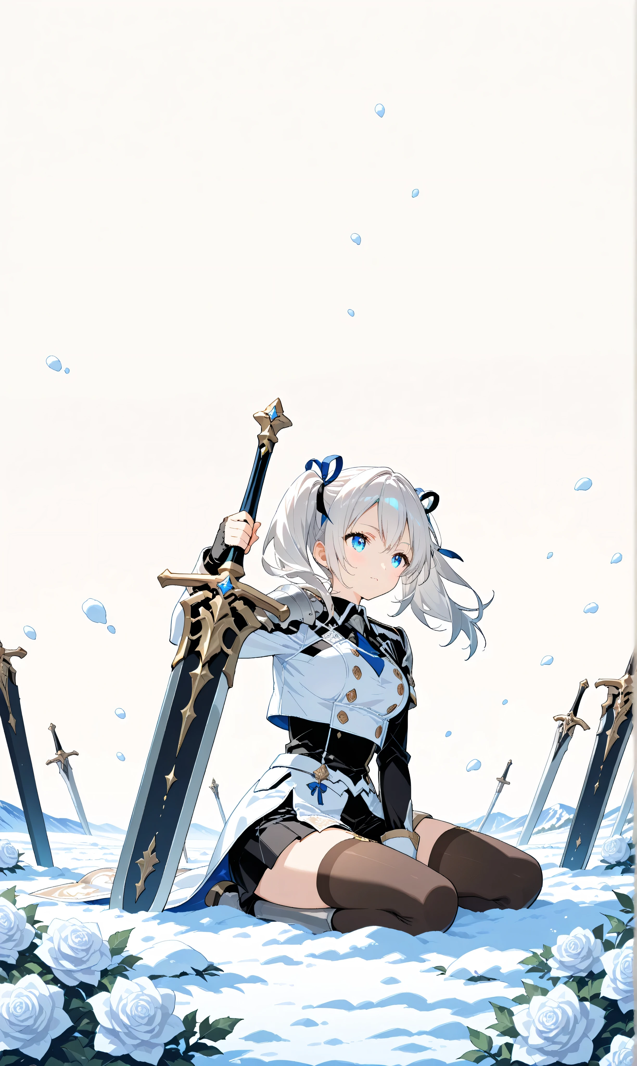 (watercolor:0.4)、( pastel :0.6)、 1girl 、tie long jet black twin tails with faint white highlights with a ribbon、knight in a white rose military uniform、Blue eyes。an expression where you can sit on the ground and place a sword on its side、they are quietly closing their eyes on a battlefield where snow falls and piles up。Scattering white roses and falling snow are in harmony、 Presenting the protagonist's point of view。Simple white background to make the character stand out。