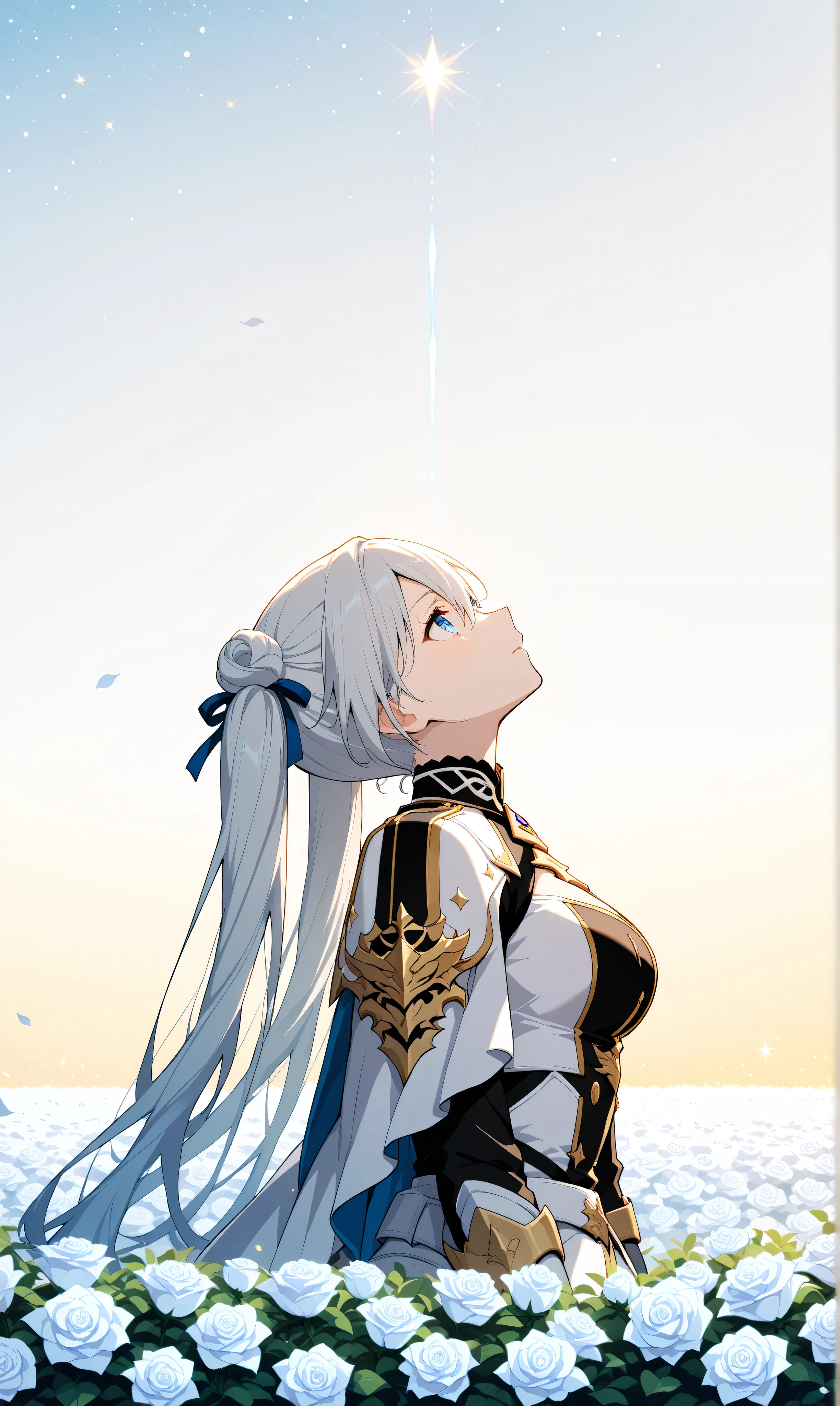 (watercolor:0.4)、( pastel :0.6)、 1girl 、Tie long jet black twin tails with faint white highlights with a ribbon、A knight in a white rose military uniform、Blue eyes。place your sword on the side while sitting on the ground、 Stars Shining in the Night Sky 々Looking up。Scattering white roses are illuminated by moonlight、There is a fantastic atmosphere on a quiet battlefield。Simple white background to make the character stand out。
