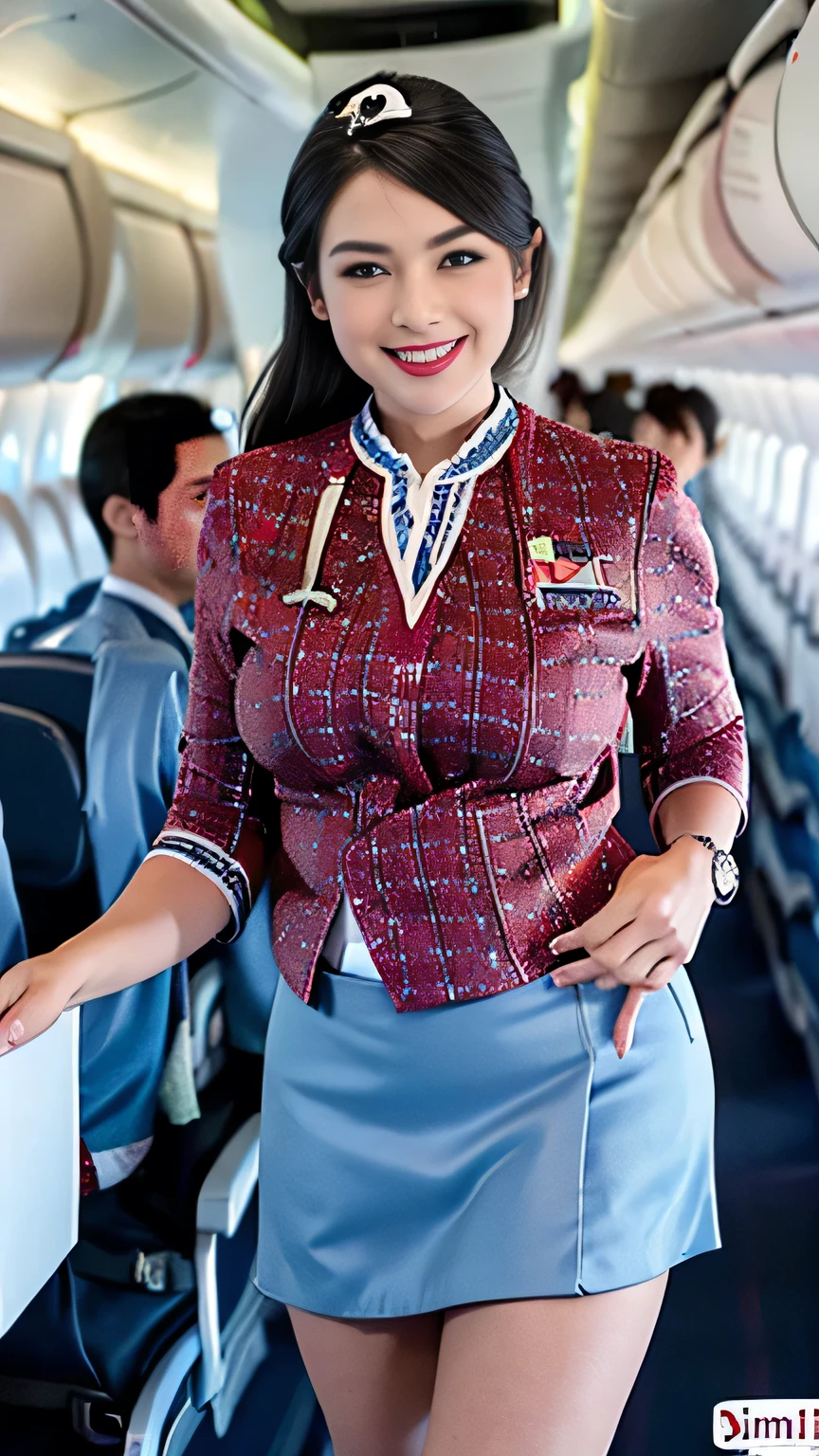 beautiful woman, 28 years、hyperdetailed face、Detailed lips、A detailed eye、double eyelid、(Smiling while walking gracefully down the aisle)、(Stewardess uniform:1.2)、((mini skirt:1.5)) (Glamorous body)、(Colossal )、（large full breasts）（big butts）（Plump body）（plump body shape）（ large full breasts）（Colossal ）((unbutton))、highs thighs thighs thighs, Perfect fit, Perfect image realism, Background with: (Business Class aisle on airplanes:1.2), Cowboy Shot, Meticulous background, detailed costume, Perfect litthing、Hyper-Realism、(Photorealsitic:1.4)、8K maximum resolution, (​masterpiece), ighly detailed, Professional