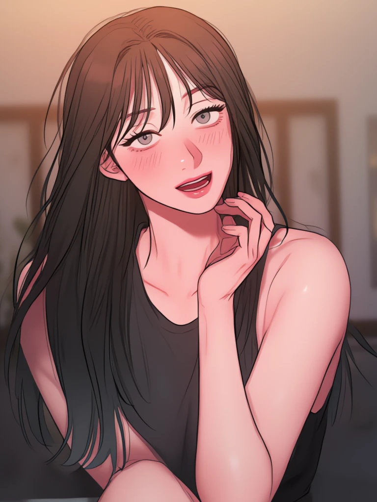 Amazing portrait of a sexy and cute woman with a beautiful face with black brown long straight hair and weak eyes wearing a long oversized white shirt glancing at us and blushing intensely and smiling at us while looking tantalizingly sexy standing very close to us