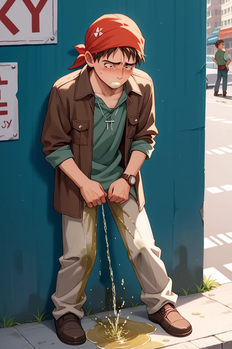Score_9, score_8_up, score_7_up, ((1 guy)),((adult man)), beautiful eyes, (red eyes) , Short bob haircut, (red_red hair) ,  wet, dirty feet, ((blush)), (embarrassed),(Looks),,((( naked))),destroyed street in the background, wasteland ,((runs:1.1))), (Scream) ,pop, ((dynamic frame at speed)) , ((whole body)), (all skin is dirty color) ,full length)), (((wearing a yellow raincoat:1.1))), unbuttoned clothes, big abs, naked член, naked пах, (((hands protect the genitals)) , (((on the knee))) ,side view
