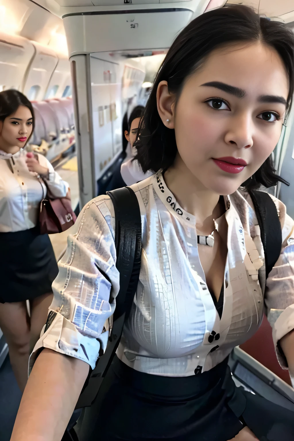 1beautiful womanl, 28years、hyperdetailed face、Detailed lips、A detailed eye、double eyelid、(Black bob hair、Smiling while walking gracefully down the aisle)、(Stewardess uniform:1.1)、((mini skirt:1.5)) (Glamorous body)、(Colossal )、(large full breasts)(big butts)(Plump body)(plump body shape)( large full breasts)(Colossal )((J-Cup))、highs thighs thighs thighs, Perfect fit, Perfect image realism, Background with: (Business Class aisle on airplanes:1.2), Cowboy Shot, Meticulous background, detailed costume, Perfect litthing、Hyper-Realism、(Photorealsitic:1.4)、8K maximum resolution, (masterpiece), ighly detailed, Professional