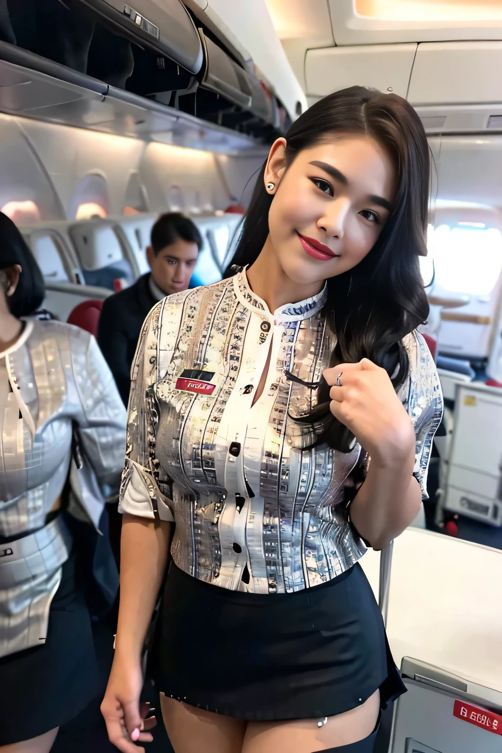 beautiful woman, 28 years、hyperdetailed face、Detailed lips、A detailed eye、double eyelid、(Smiling while walking gracefully down the aisle)、(Stewardess uniform:1.2)、((mini skirt:1.5)) (Glamorous body)、(Colossal tits)、(large full breasts)(big butts)(Plump body)(plump body shape)( large full breasts)(Colossal tits)((unbutton))、highs thighs thighs thighs, Perfect fit, Perfect image realism, Background with: (Business Class aisle on airplanes:1.2), Cowboy Shot, Meticulous background, detailed costume, Perfect litthing、Hyper-Realism、(Photorealsitic:1.4)、8K maximum resolution, (masterpiece), ighly detailed, Professional