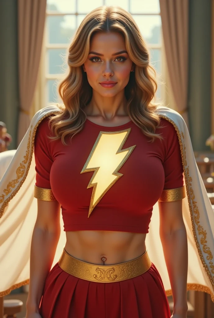 (masterpiece, photorealistic:1.4, extremely intricate:1.3), (photon mapping, radiosity, physically based rendering, ultra resolution, hyper-realistic, photorealistic:1.4, hyper-realistic, 8K), muscular girl, ((red velvet cape cloak, medieval french maid costume, ([flat chest:medium breasts:0.6], portrait, upper body, humid, (humid decolletage closeup, gold necklace)))), metal reflections, walking outdoors, intense sunlight, far away waterfall castle, professional photograph of a stunning woman, (short undercut blonde curly shaved hair, dynamic pose), sharp focus, dramatic, award winning, cinematic lighting, (film grain, bokeh, interaction, sunrise)
