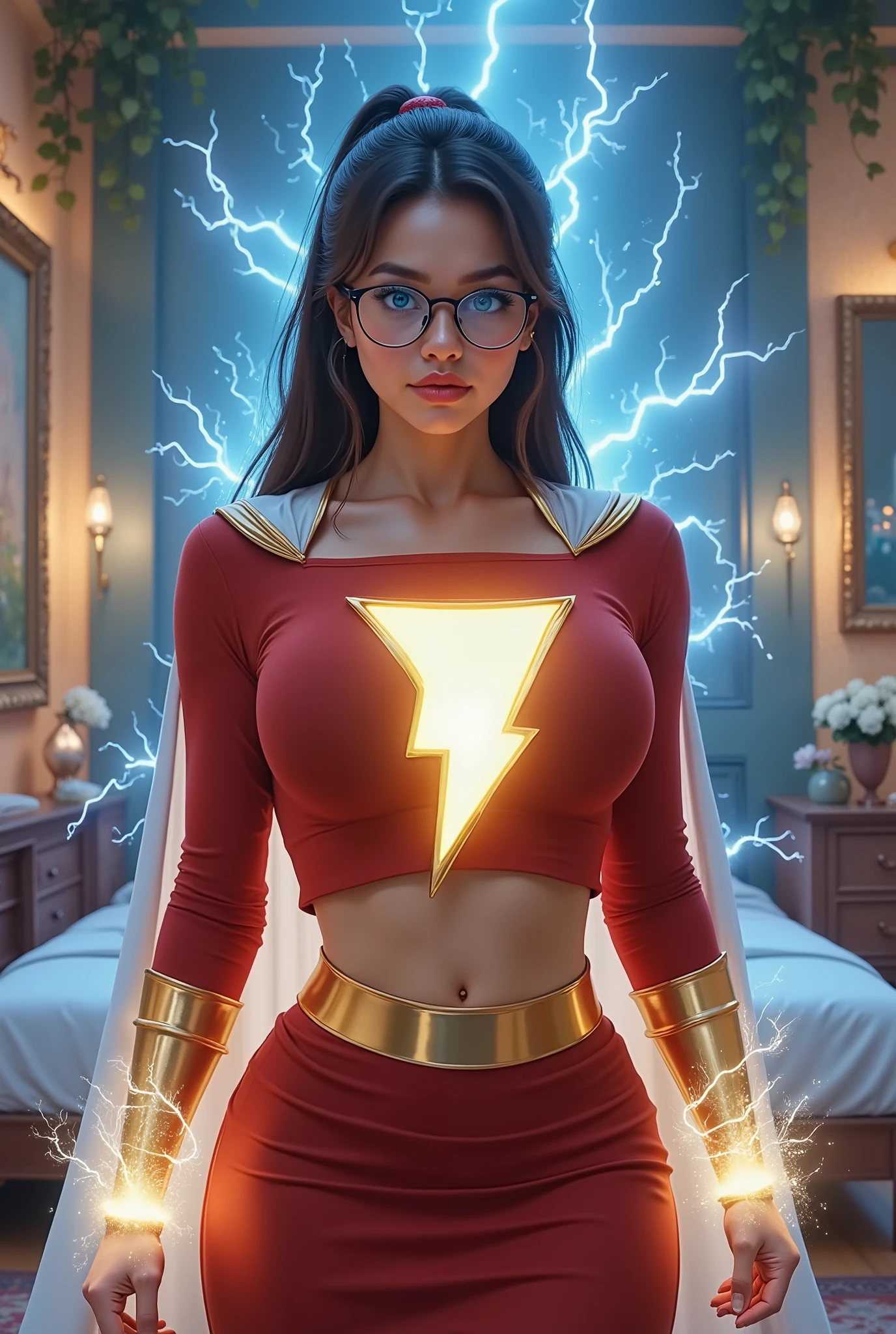 **"A fantasy bedroom scene featuring a stunning, blue-eyed, nerdy woman with long dark hair tied in a ponytail and thick glasses. She starts as an intelligent and reserved figure, wearing casual attire, adjusting her glasses as a mysterious energy begins to swirl around her. Her body starts to glow with golden light, and her transformation begins.
Her outfit morphs into an iconic superhero costume—an authentic 1980s-style red thick spandex crop top with a bold yellow lightning 'Shazam' emblem, a red skirt, and a flowing white cape. Her physique grows stronger and more powerful, her posture shifting from shy to confident as she embraces her new superhuman form. Her dreamy blue eyes sparkle with energy behind her glasses, her features now radiant with power.
The environment is rich with hyper details—soft lighting accentuates the textures of her costume, intricate fabric folds, and the subtle shimmer of the spandex under the glow of nearby neon lights. Ray tracing and UHD-quality reflections enhance the scene, with a high-resolution focus on her expressive face, intricate textures, and dynamic lighting. The air crackles with energy as she completes her transformation, now a powerful and striking heroine standing confidently in the beautifully detailed fantasy bedroom."**