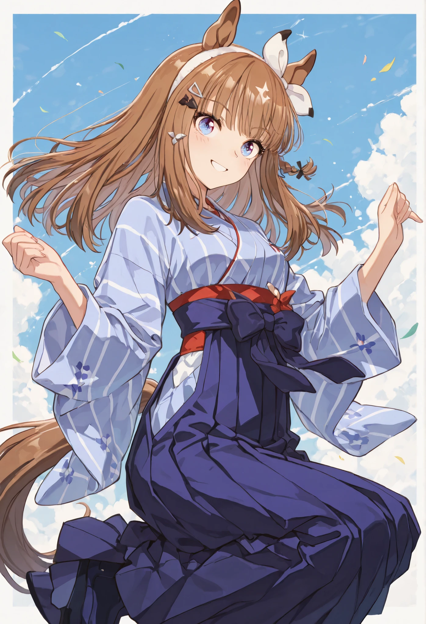 {{{masterpiece}}}, {{{best quality}}}, {{ultra-detailed}}, {illustration}, {{an extremely delicate and beautiful}},{{{Almond Eye}}},{{{Uma Musume}}} {{{smile}}}, light blue kimono,Hakama,{{{Japanese towns in the Meiji era}}}{Simple Pop Background},{{{Jumping woman}}}