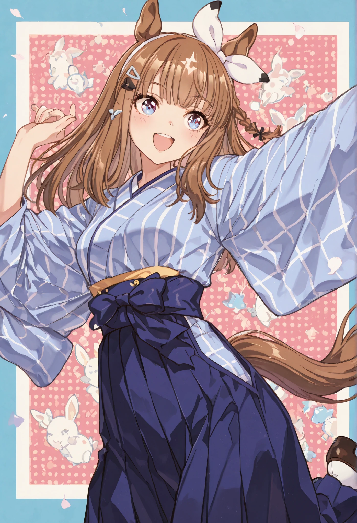 {{{masterpiece}}}, {{{best quality}}}, {{ultra-detailed}}, {illustration}, {{an extremely delicate and beautiful}},{{{Almond Eye}}},{{{Uma Musume}}} {{{smile}}}, light blue kimono,Hakama,{{{Japanese towns in the Meiji era}}}{Simple Pop Background},{{{Jumping woman}}}