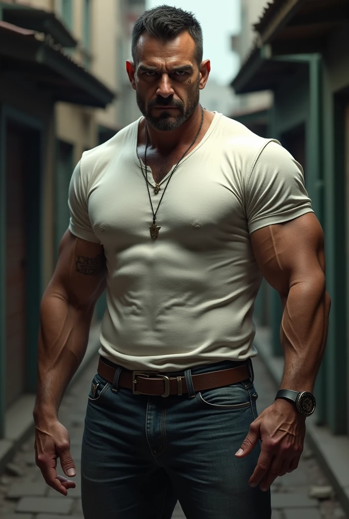 A Latino man with very short hair and brown skin, shirtless, medium-sized body, holding a huge knife with his right hand, hands full of blood, body full of blood, knife with blood, on a dark night, evil look, mischievous smile, on a dark road in the middle of the night. poor lighting.