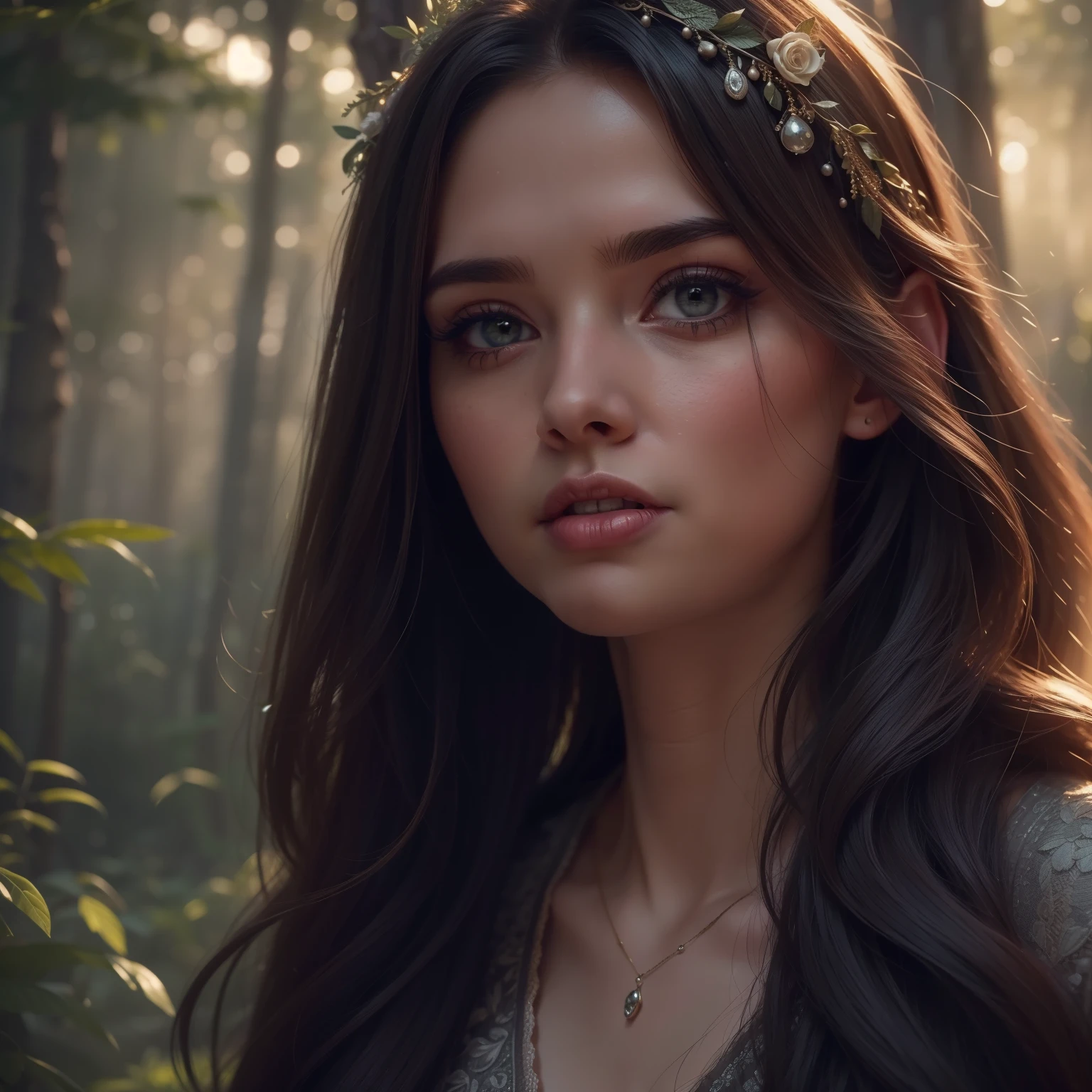 a magical enchanted forest, full moon rising from behind the hills, people wandering through the lush greenery, beautiful detailed eyes,beautiful detailed lips,extremely detailed eyes and face,longeyelashes, fantasy landscape, moody lighting, dramatic shadows, vibrant colors, intricate details, (best quality,4k,8k,highres,masterpiece:1.2),ultra-detailed,(realistic,photorealistic,photo-realistic:1.37),cinematic lighting,dramatic atmosphere,mystical,whimsical