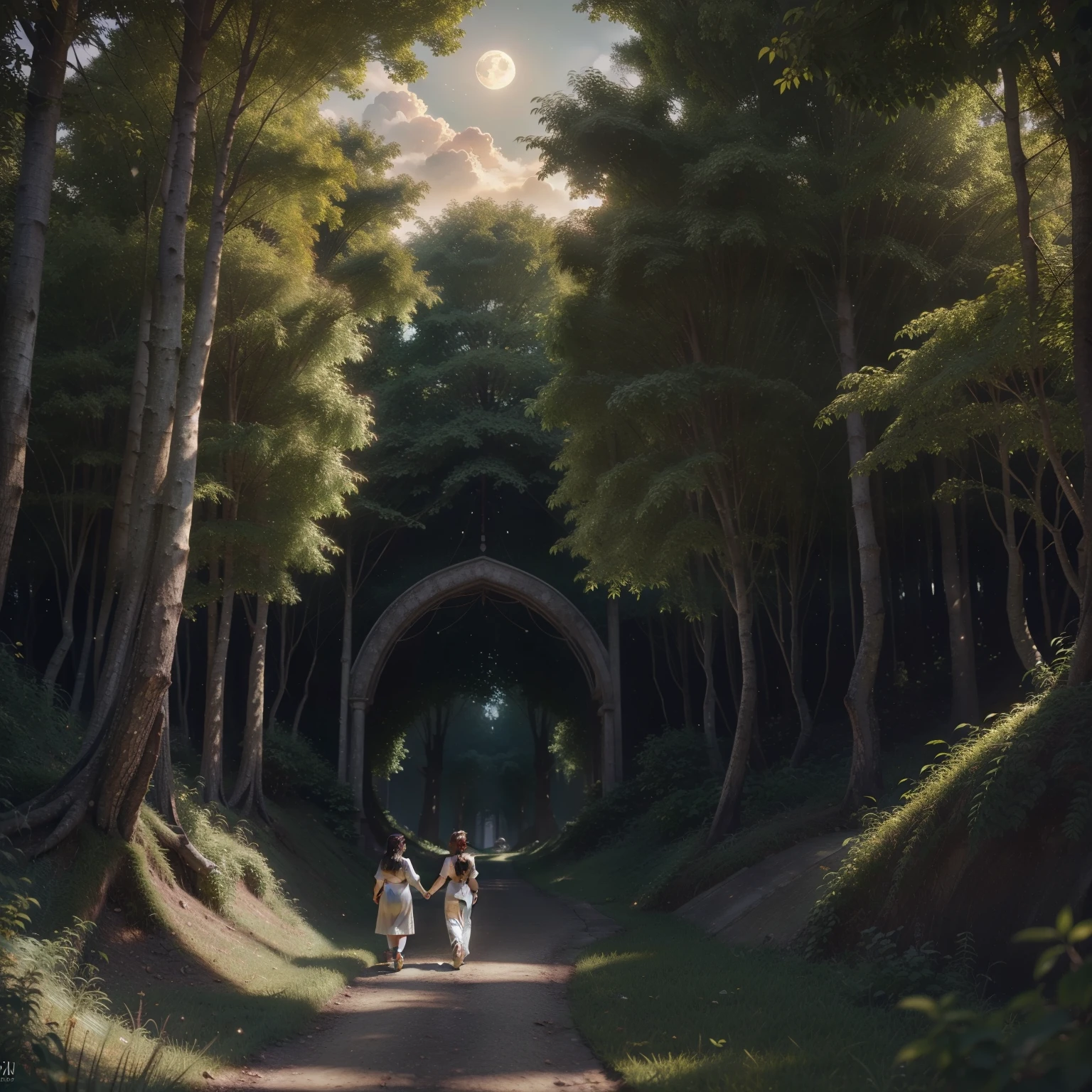 a magical enchanted forest, full moon rising from behind the hills, people wandering through the lush greenery, beautiful detailed eyes,beautiful detailed lips,extremely detailed eyes and face,longeyelashes, fantasy landscape, moody lighting, dramatic shadows, vibrant colors, intricate details, (best quality,4k,8k,highres,masterpiece:1.2),ultra-detailed,(realistic,photorealistic,photo-realistic:1.37),cinematic lighting,dramatic atmosphere,mystical,whimsical