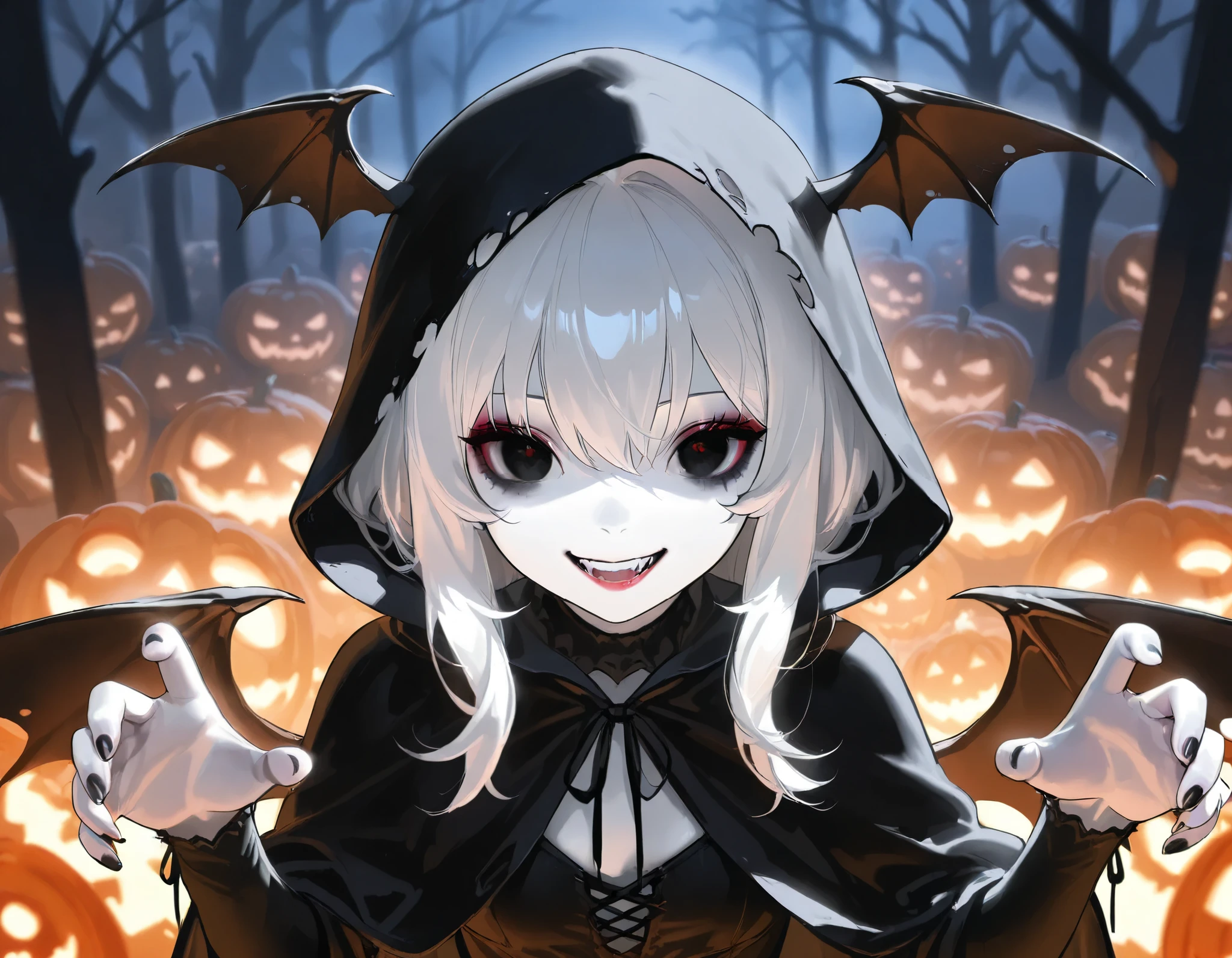 (((Best quality, 8k, Masterpiece: 1.3)), ((best quality)), ((masterpiece)), (detailed), perfect face, Makeup for Halloween, Gothic horror, Bat wings, black clothes, black cloak, white skin, pale skin