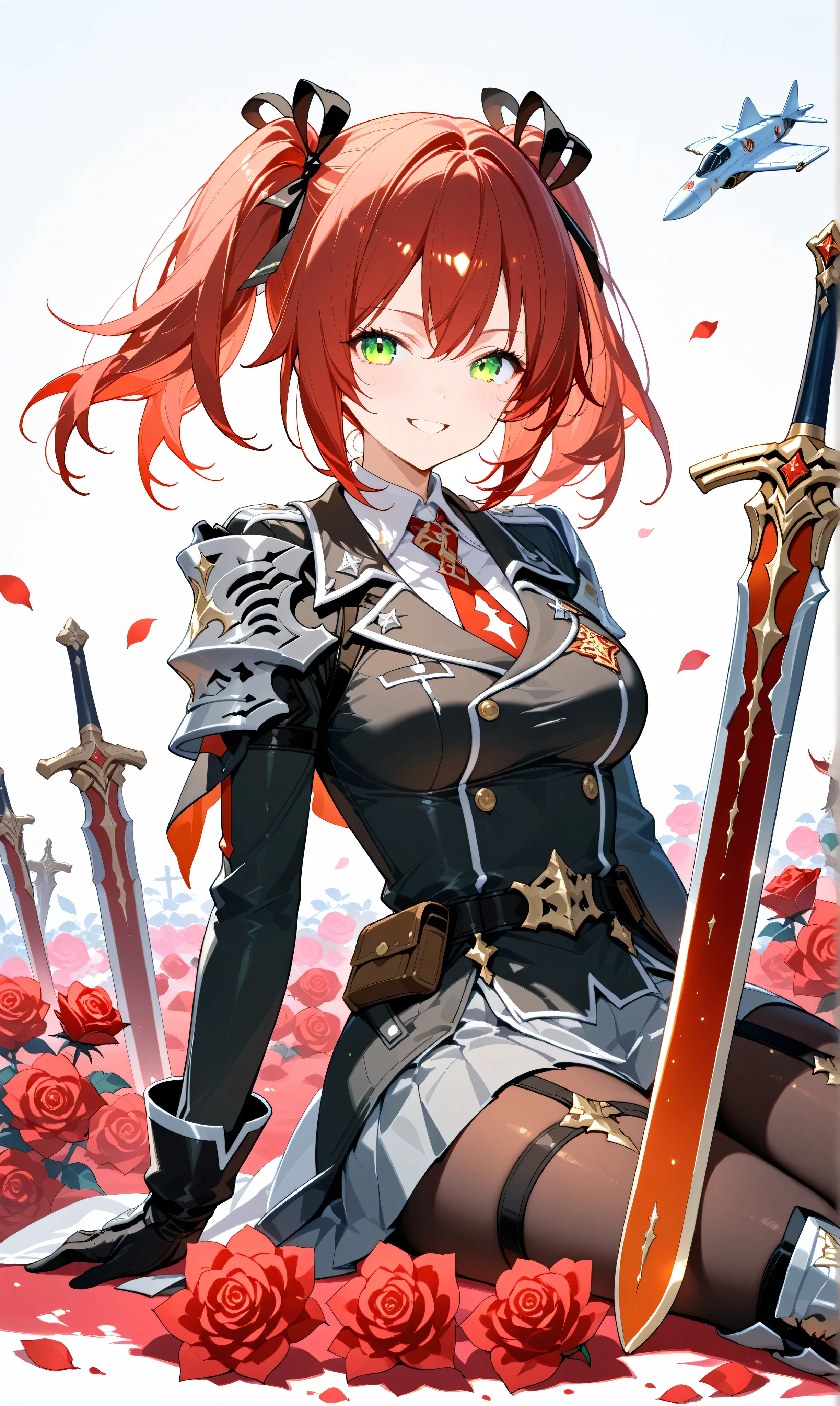 (watercolor:0.4)、( pastel :0.6)、 1girl 、tie long jet black twin tails with faint red highlights with a ribbon、A knight wearing a red rose military uniform、 green eyes。an expression where you can sit on the ground and place a sword on its side、A figure holding a small red rose and smiling。It's a battlefield with scattered red roses and dim air、You can feel hope and strength in that smile。Simple white background to make the character stand out。