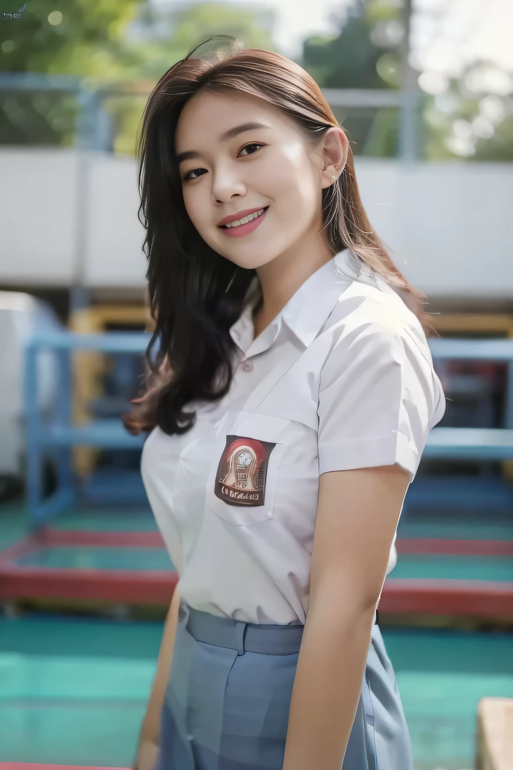 1girl, solo, 19 years old, (uniform), detailed Metropolitan city at the background, portrait, thick breasts, semi-curvy body, Sixpack abs, smooth realistic skin, cute smile, tight white shirt, grey blue short skirt, looking at the audience, high angle shot,(8k, RAW photo, best quality, masterpiece: 1.3), (realistic, realistic: 1.37), ultra-high resolution, cowboy shot