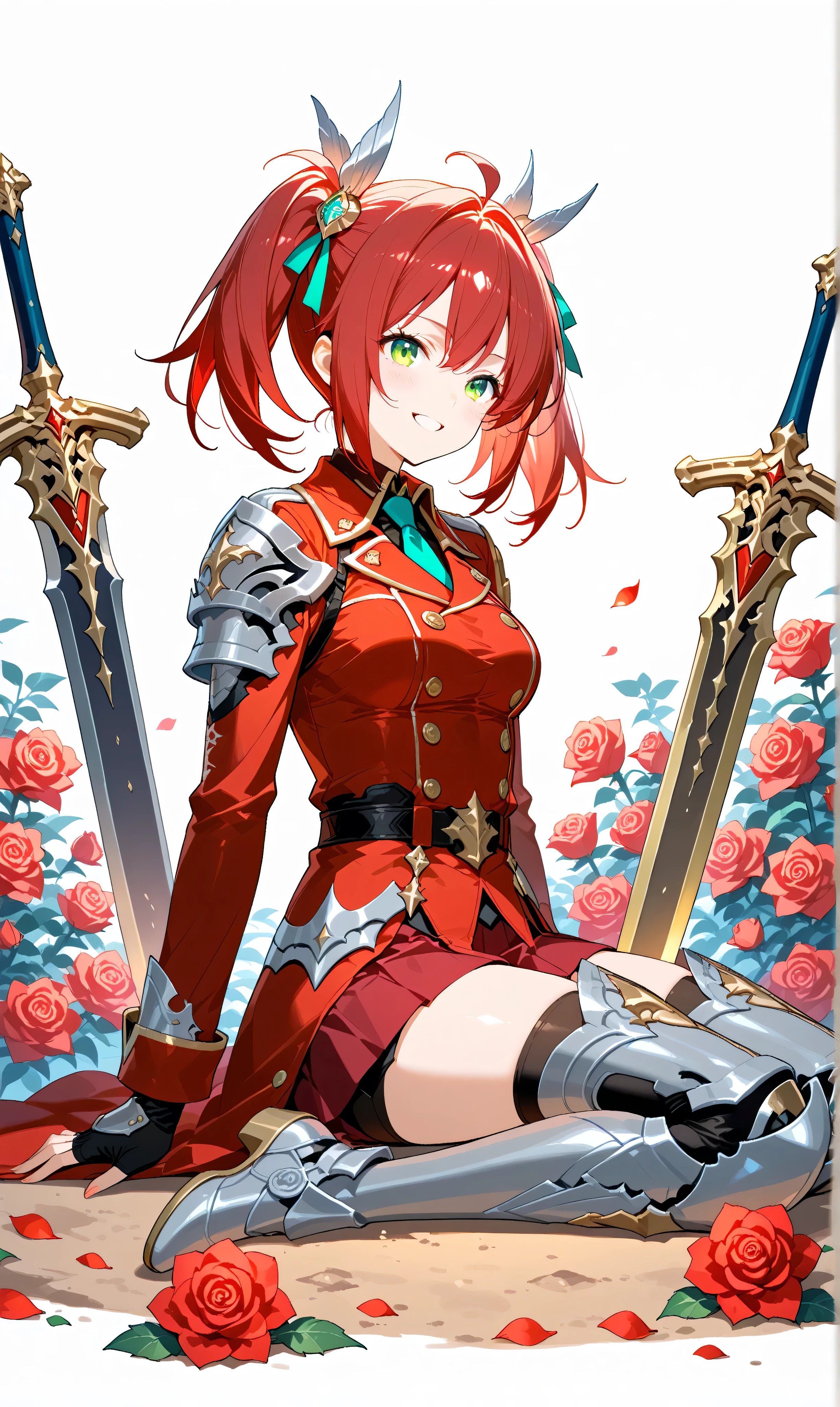 (watercolor:0.4)、( pastel :0.6)、 1girl 、tie long jet black twin tails with faint red highlights with a ribbon、A knight wearing a red rose military uniform、 green eyes。an expression where you can sit on the ground and place a sword on its side、A figure holding a small red rose and smiling。It's a battlefield with scattered red roses and dim air、You can feel hope and strength in that smile。Simple white background to make the character stand out。