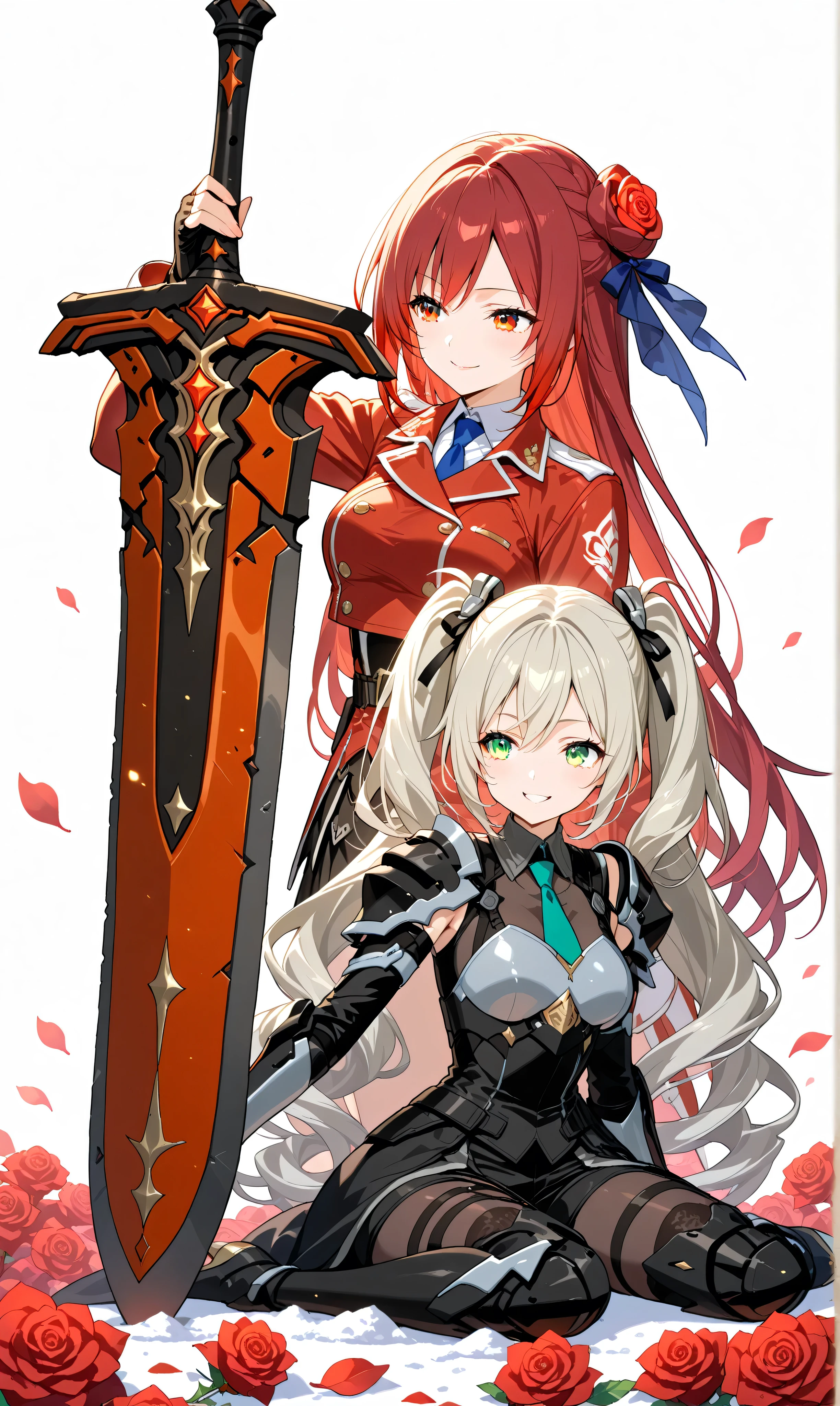 (watercolor:0.4)、( pastel :0.6)、 1girl 、tie long jet black twin tails with faint red highlights with a ribbon、A knight wearing a red rose military uniform、 green eyes。an expression where you can sit on the ground and place a sword on its side、A figure holding a small red rose and smiling。It's a battlefield with scattered red roses and dim air、You can feel hope and strength in that smile。Simple white background to make the character stand out。
