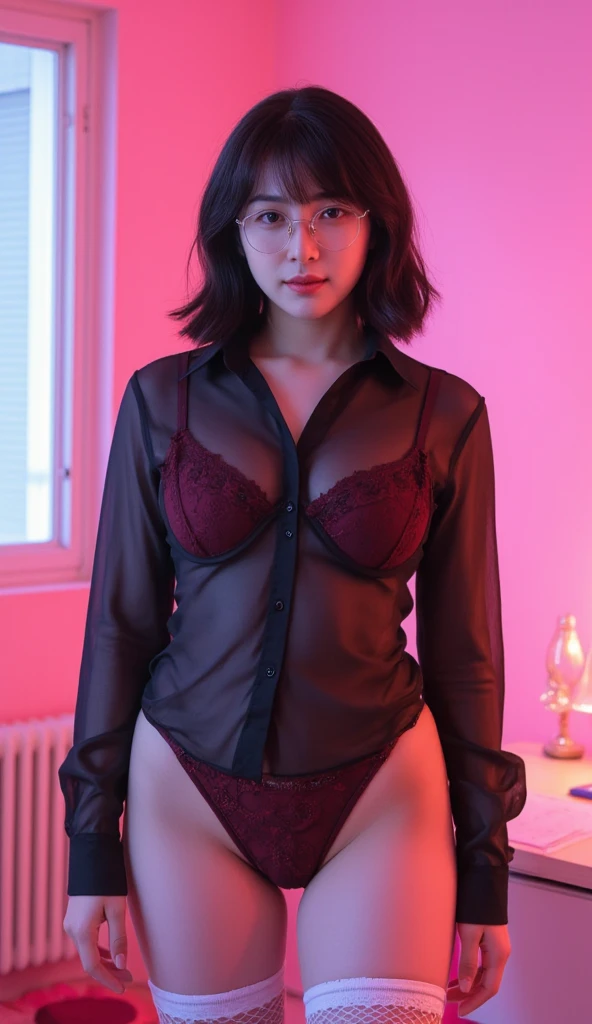 (Extremely Muscular:2), (thick muscular thighs:2.2), (asian female:1.5), pale skin, (straight black hair, blunt bangs:1.5), adult, (glasses), earrings, (eyeshadow:1.5), (black lipstick:1.5), (upper body view:1.5), (hard nipples:1.1), small breasts, (perky breasts:1.4), (Boho-chic look with a lace-trimmed maxi skirt, a lightweight blouse with bell sleeves, midriff, all black:1.6), (sculped muscles:1.6), detailed eyes, (athletic body:1.5), (muscular body:2), (looking at viewer), (seductive smile:1.4), dark bedroom, rim lighting, two tone lighting, dimly lit, clean skin, low key (DETAILED SKIN)
