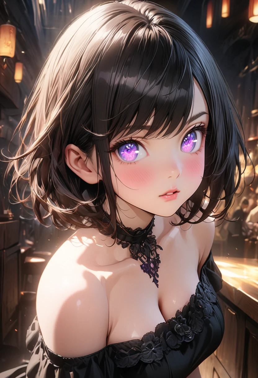 (perfect anatomy) an 18 year old girl, small, 1.50cm tall, very slender, without curves, straight chest, thin thighs, small butt, white skin, pink eyes, short black hair (gothic lolita outfit) In a medieval church, alone, magic, slutty smile, licking lip, flushed face, rape face,