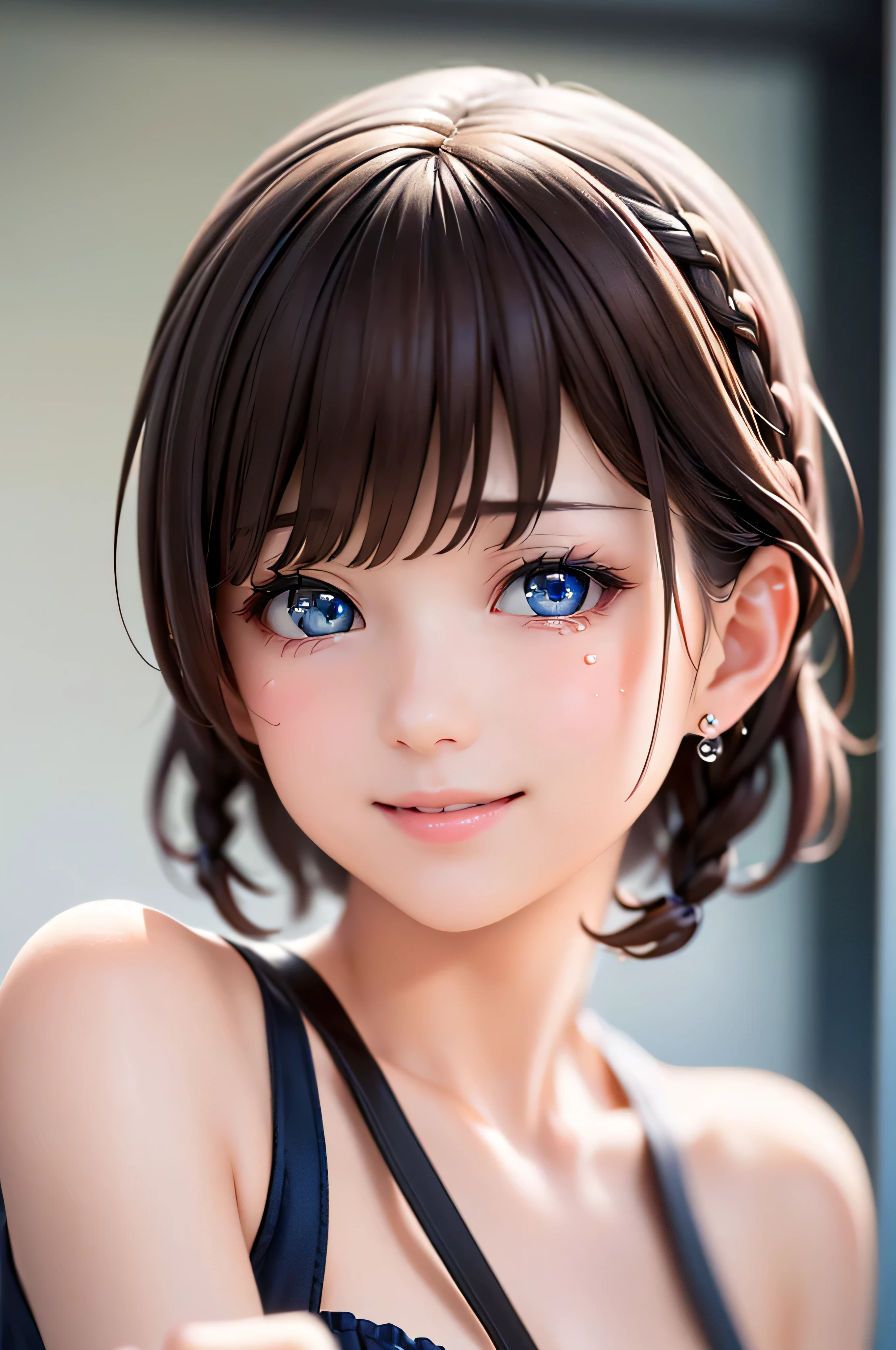 baby face, ( brown short hair :1.5,Halterbra:1.5,Short braids:1.5), (photorealistic:1.8), (masterpiece, sidelights in the form of drops, Exquisitely Beautiful Eyes: 1.5), masterpiece* portraits, realistic, 3d face,(cute face), front view: 1.6、 ( sparkling blue eyes :1.2),plump face:1.5,(We say:1.5)、(charming smile:1.2),Rosy Mouth, because I get used to ', abs, shiny hair, brown tanned skin , glowing skin: 1.5、medium breasts,Chest、alone,(stand)、wet skin flowing with water drops、(black thin tube top bikini:1.4)、(character emphasis:1.5、 portraits:1.5、Photo of the upper body above the waist), (Midsummer Beach Background:1.4), blue sky,