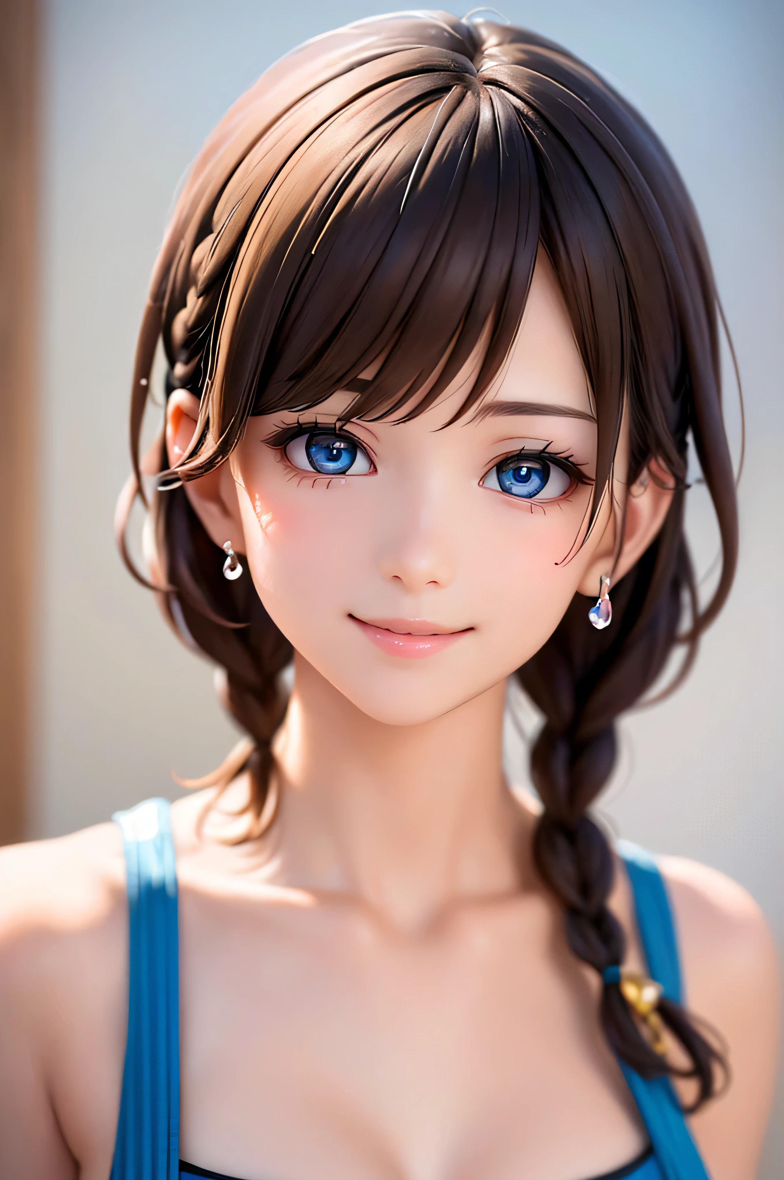 , ( brown short hair :1.5,Halterbra:1.5,Short braids:1.5), (photorealistic:1.8), (masterpiece, sidelights in the form of drops, Exquisitely Beautiful Eyes: 1.5), masterpiece portraits, realistic, 3d face,(cute face), front view: 1.6、 ( sparkling blue eyes :1.2),plump face:1.5,(We say:1.5)、(charming smile:1.2),Rosy Mouth, because I get used to ', abs, shiny hair, brown tanned skin , glowing skin: 1.5、medium breasts,Chest、alone,(stand)、wet skin flowing with water drops、(black thin tube top bikini:1.4)、(character emphasis:1.5、 portraits:1.5、Photo of the upper body above the waist), (Midsummer Beach Background:1.4), blue sky,