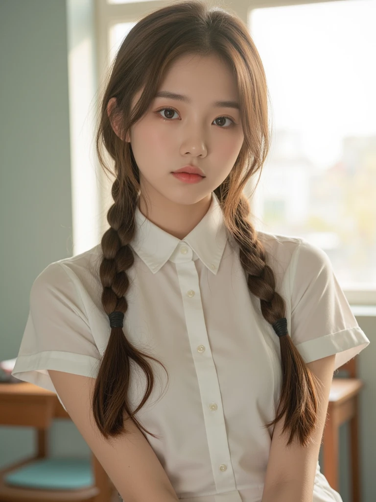 ((Best quality, 8k, Masterpiece :1.3)), 1girl,A dark-haired, High School Girl with Emphasizing Slender ABS :1.3, (random hairstyles, Huge breasts :1.2), 校服, ,sit on a bench, read a book,Ultra-detailed face, Detailed eyes, Double eyelid,Braids,No makeup,Height 160cm,17 age,School bag,looking distantly