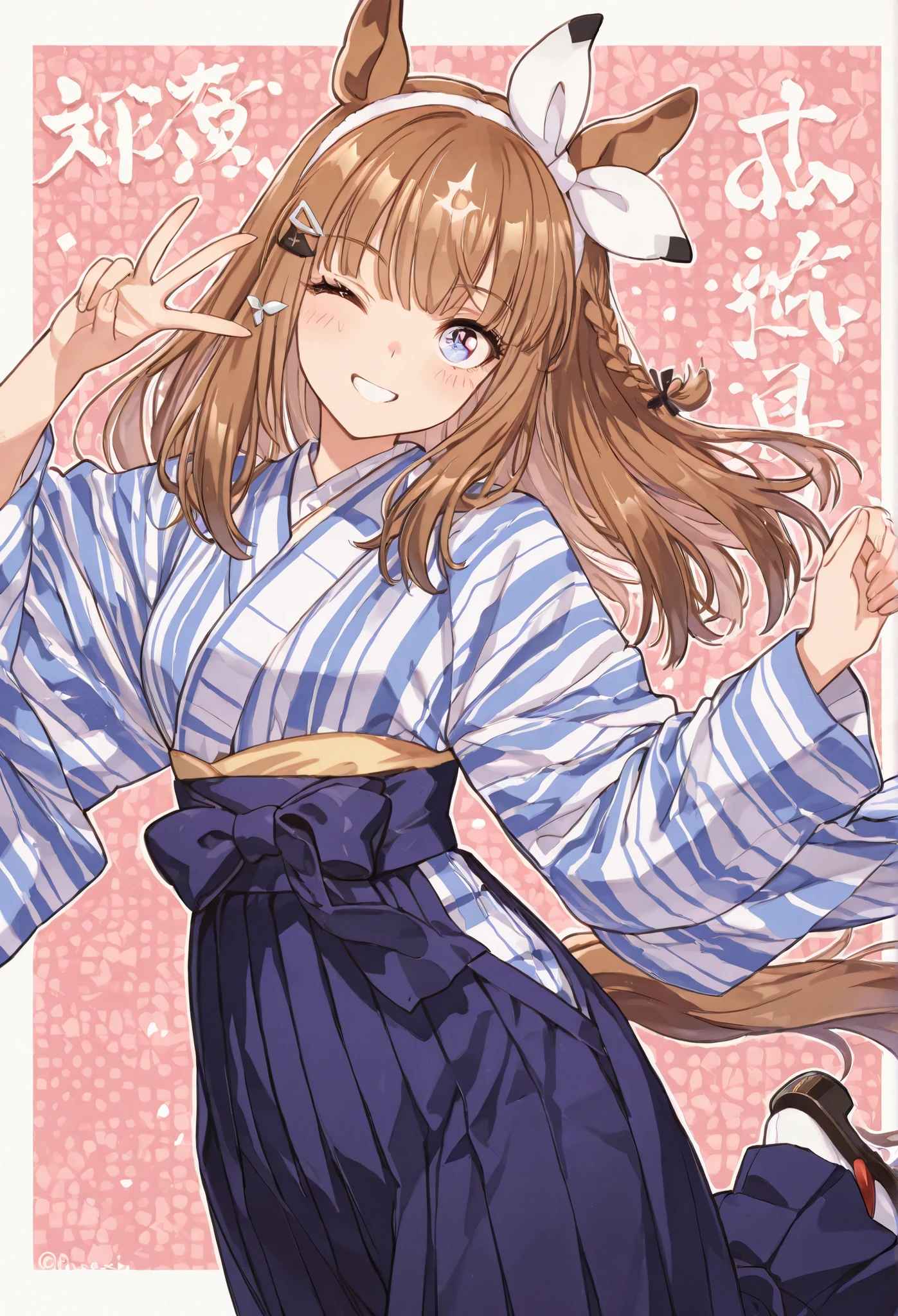 {{{masterpiece}}}, {{{best quality}}}, {{ultra-detailed}}, {illustration}, {{an extremely delicate and beautiful}},{{{Almond Eye}}},{{{Uma Musume}}} {{{smile}}}, kimono,Hakama,{{{Japanese towns in the Meiji era}}}{Simple Pop Background},{{{Jumping woman}}},{peace sign},Festivals