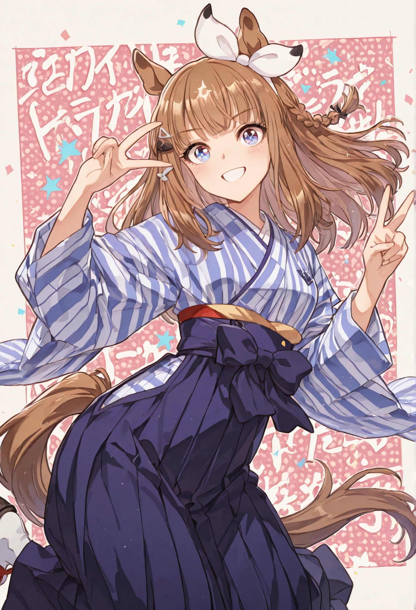 {{{masterpiece}}}, {{{best quality}}}, {{ultra-detailed}}, {illustration}, {{an extremely delicate and beautiful}},{{{Almond Eye}}},{{{Uma Musume}}} {{{smile}}}, kimono,Hakama,{{{Japanese towns in the Meiji era}}}{Simple Pop Background},{{{Jumping woman}}},{peace sign},Festivals