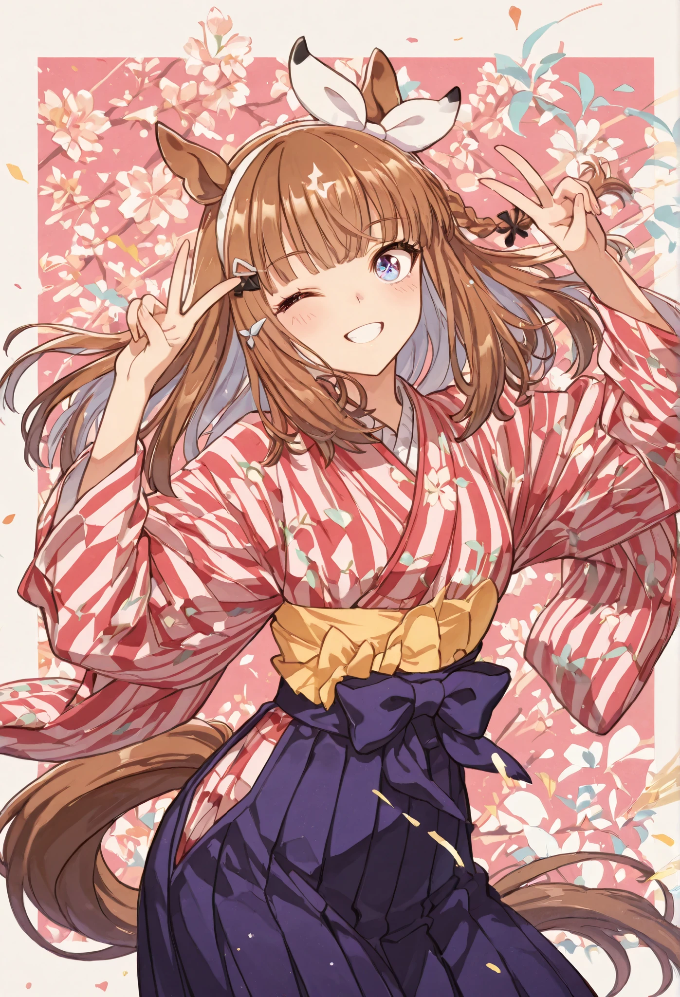 {{{masterpiece}}}, {{{best quality}}}, {{ultra-detailed}}, {illustration}, {{an extremely delicate and beautiful}},{{{Almond Eye}}},{{{Uma Musume}}} {{{smile}}}, kimono,Hakama,{{{Japanese towns in the Meiji era}}}{Simple Pop Background},{{{Jumping woman}}},{peace sign},Festivals