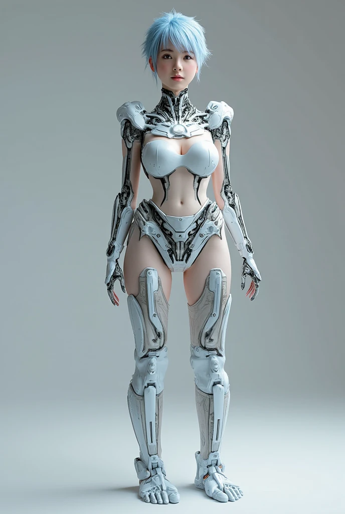 Complex 3d rendering super detail beauty android face, cyborg, robot parts, black metal mesh skin, worn whitewashed steel skin, shaved pussy, 150mm lens, beautiful studio light, rim light, vivid details, gorgeous cyberpunk, lace, hyperrealistic, anatomical, facial muscle, cable wire, microchip, Top quality, masterpiece, very delicate and beautiful, very elaborate, CG, unity, wallpaper, (lifelike, photorealistic: 1.37), wonderful, fine, masterpiece, top quality, official art, very elaborate CG Unity wallpaper, robot, full body, standing