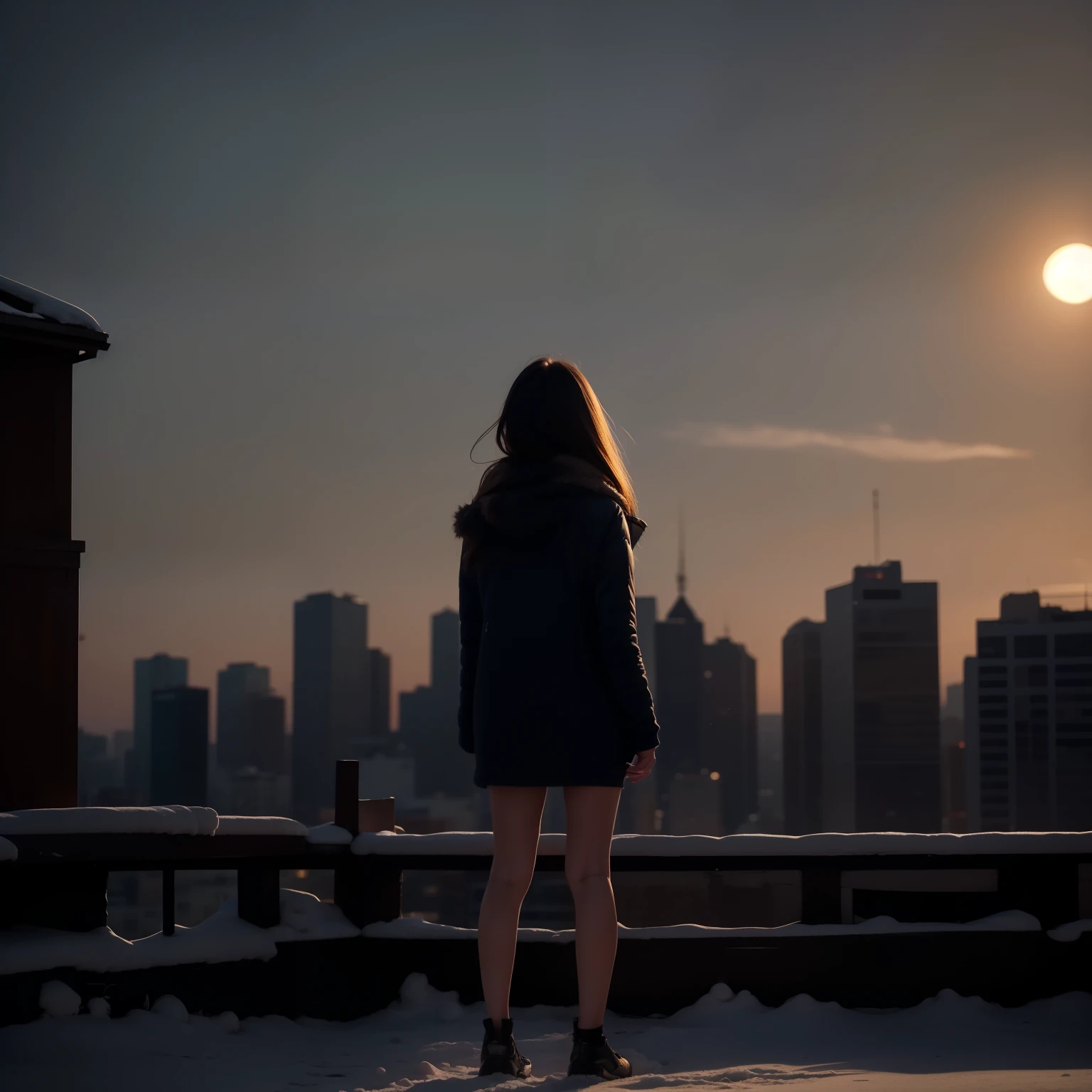 She jumped up and down on the spot. At the same time, the sun set and a full moon appeared. The lights of many buildings gradually increased, I could see a beautiful night view. The camera took dramatic shots.