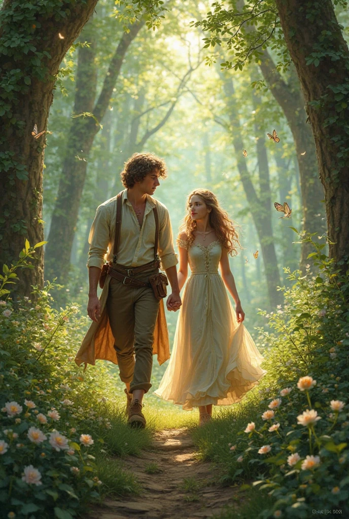 a pixa Disney cartoon cover of biblical times; Adam and Eve standing under the tree of life in the middle of a very beautiful garden, with golden fruits, dress in animal skin, no roads just a tree in the middle, 3D, animation film, animated film still, rendered in corona, epic illumination.