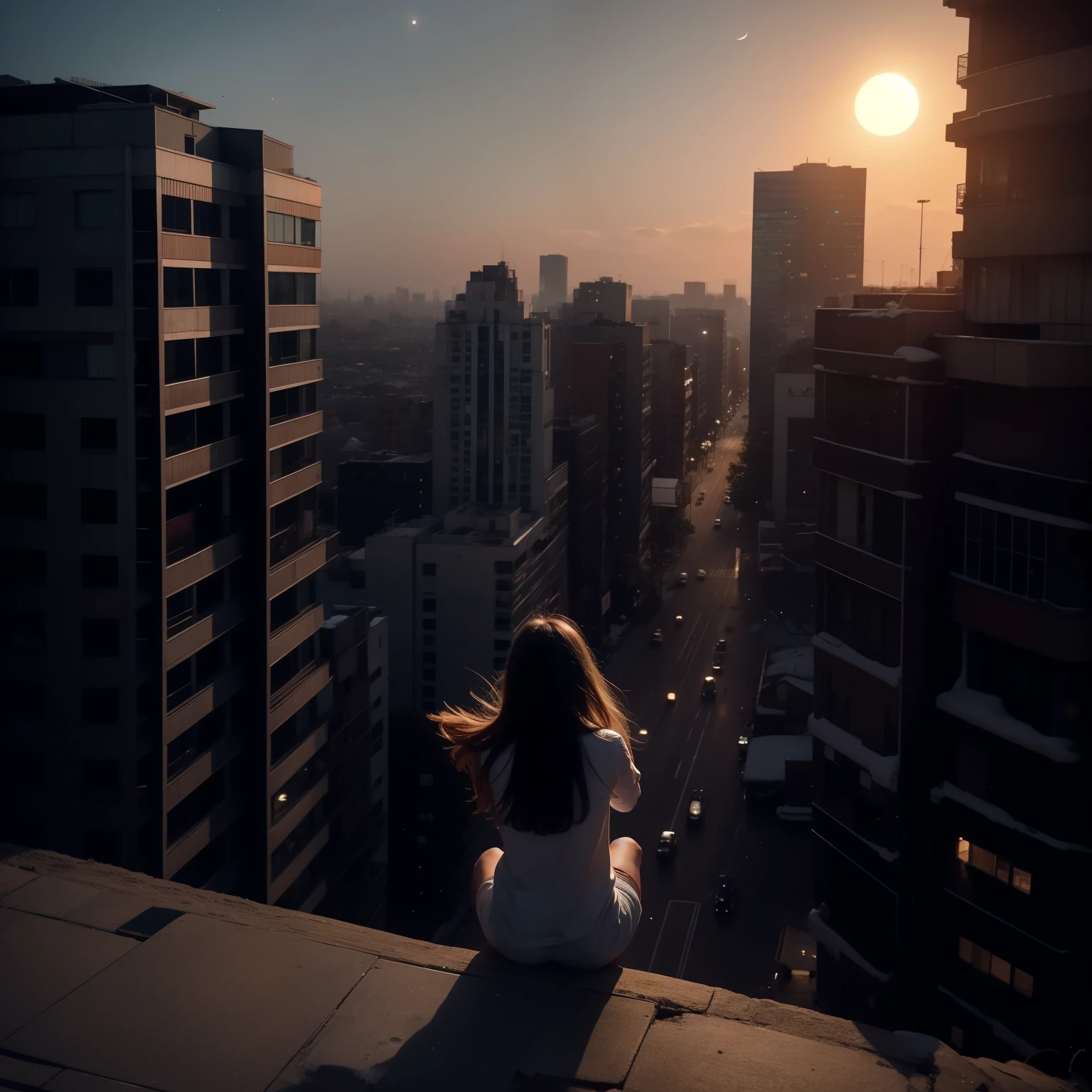 She jumped up and down on the spot. At the same time, the sun set and a full moon appeared. The lights of many buildings gradually increased, I could see a beautiful night view. The camera took dramatic shots.