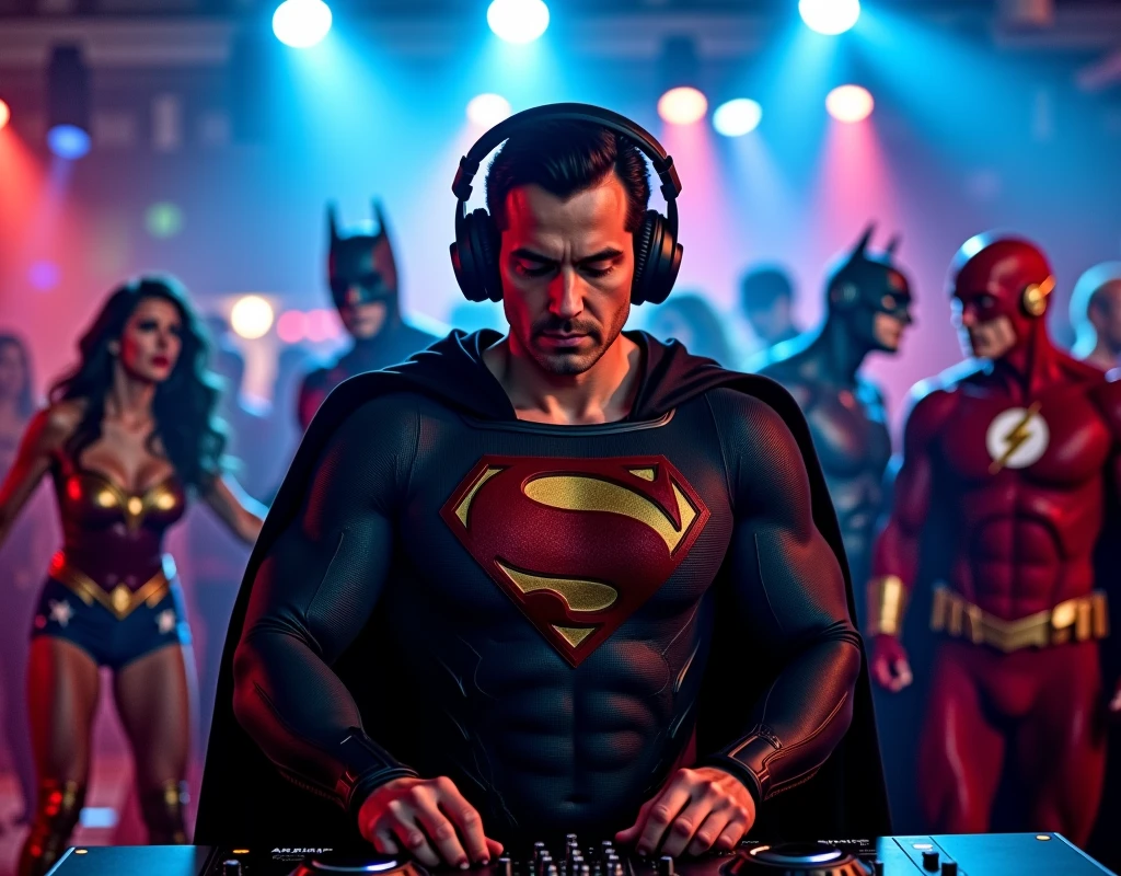 "A DJ dressed in a realistic Superman costume, including the blue suit, the vibrant red cape and the iconic 'S' emblem on the chest, is positioned in a modern DJ booth. He is wearing a large headset over his head, focused on mixing music, with an expression of concentration and enthusiasm. Ao redor dele, on a dance floor lit by pulsating lights and colored lasers, other superheroes are enjoying the party. There is a Wonder Woman dancing in her red costume, dourado e azul; a Batman in a mask and black cape, leaning casually against a wall; and a Flash in his red and gold costume, talking animatedly with a Green Lantern. The atmosphere is full of energy, with heroes blending into the crowd, some dancing, others taking pictures, everyone celebrating in a lively and lively party. The lighting highlights the figure of DJ Superman, with beams of blue and red light creating a dramatic and festive effect."