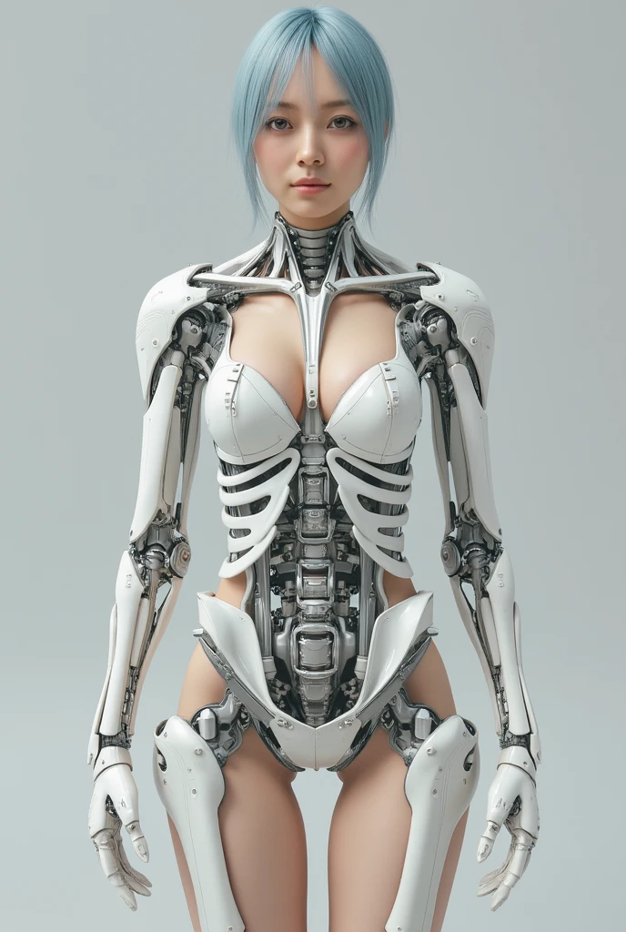 Full figure shot, Female with transparent skin, (mechanical skeleton), shaved glass head,
