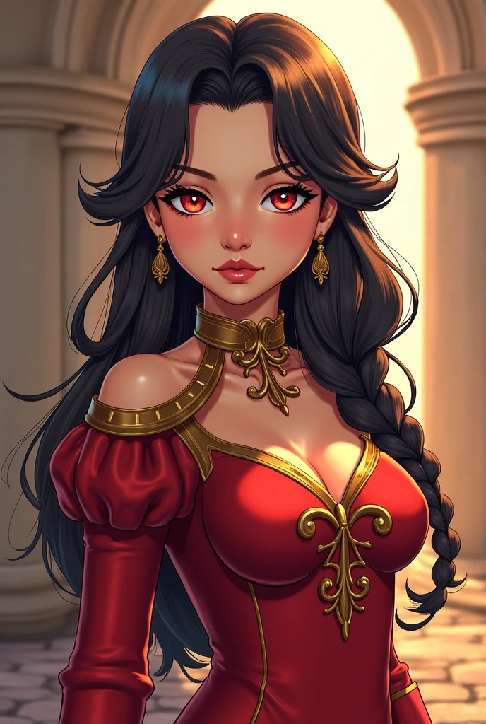 highest quality, ultra high resolution, super detailed, gorgeous, masterpiece, best quality, high resolution finely detailed, extremely beautiful, distinct image, Egyptian woman glistening chocolate brown skin, piercing golden eyes, fiery red hair, alluring older woman, elegant long empress dress, (((MILF))), 1 woman, solo, 40 years old, sharp facial features, empress like aura and majesty, symmetrical shaped face, fiery red lips, medium height(174cm), slender and thick, toned body type, Gothic modern city setting