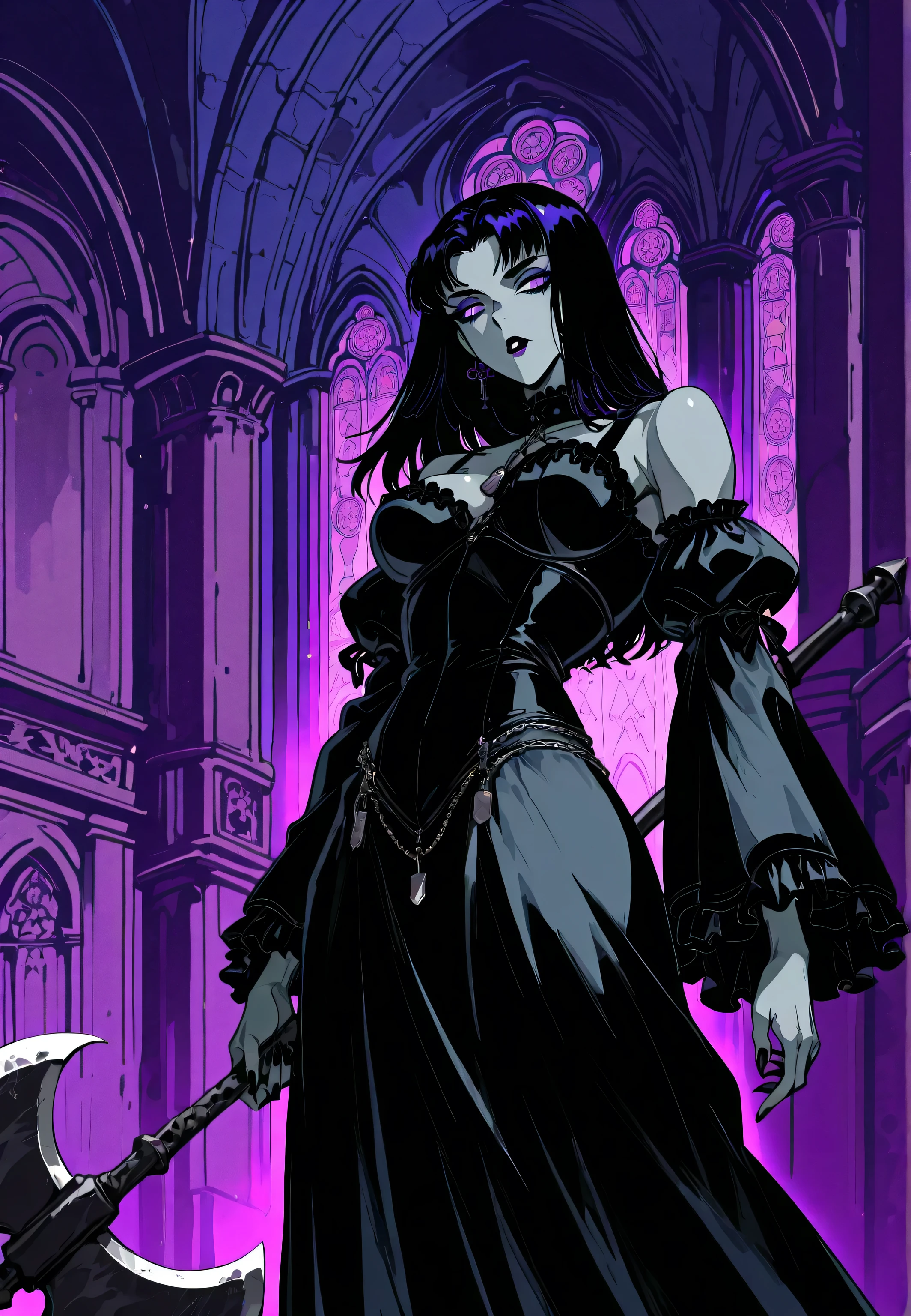 Chica gárgola, goth make-up, piel rocosa gris, senos promedio, flying en la cumbre de iglesia, holding an axe. Background: CATHEDRAL, Dark atmosphere, violet light, man behind her