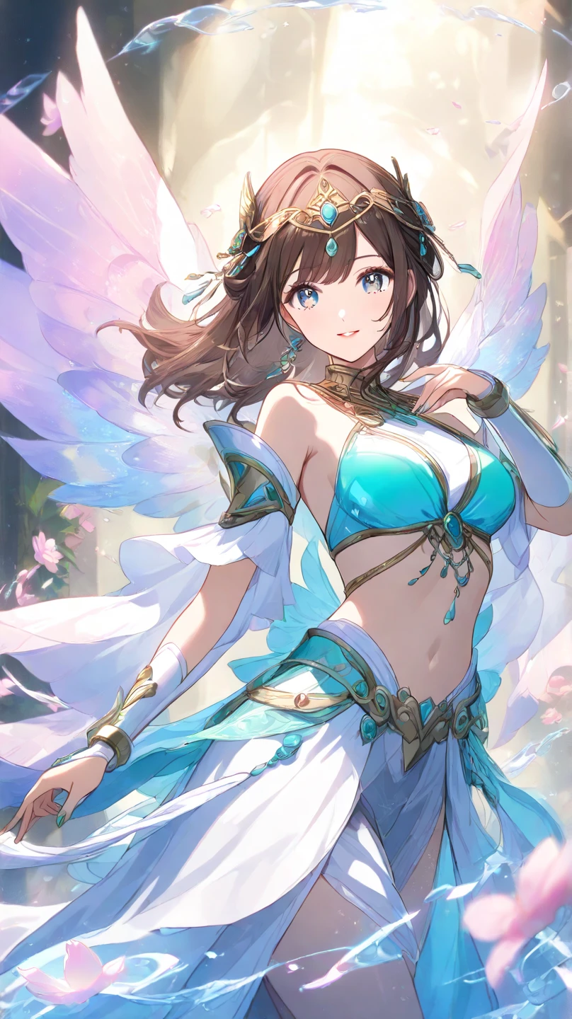 long brown hair, purple eyes, big breasts, big ass, red necklace, fantasy, naughty smile, detailed face features, vibrant colors, glowing background, ethereal atmosphere, intricate details, shiny hair strands, alluring gaze, magical aura, flowing dress, dreamlike setting, enchanting beauty, mesmerizing charm, supernatural powers
