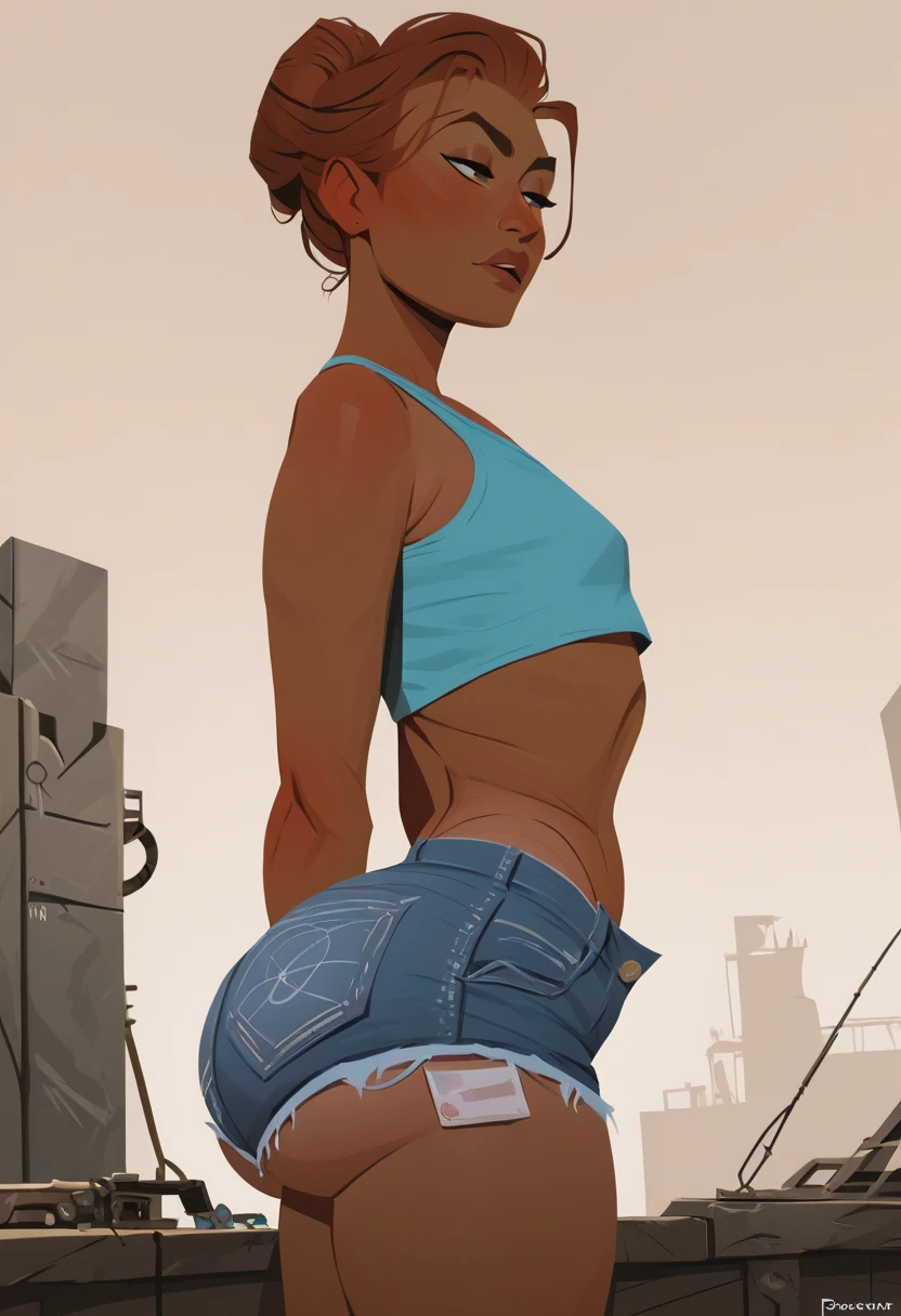 (1girl, Nani pelekai (naniwaifu), brown skin, large hair, sexy beautiful, detailed beautiful (curvy atletic body) (tight pants), standing next to a tree,(thicc, 🐎🍑), huge large tight buttocks), (tight outfit), cottagecore!! fitness body, tight attire, fit girl, toned derriere, big booty, mia kischner, two piece workout clothes, back arched, view from behind, back pose, curvy accentuated booty, arched back