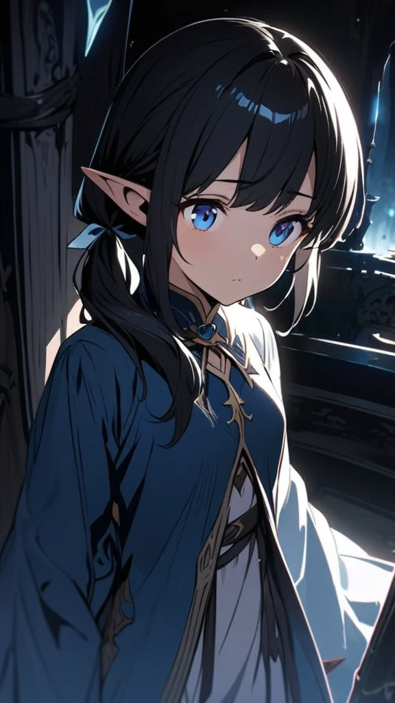 half elf, mature woman, dnd, adventurer, brown cloak, elegant, long black hair, flat chest , sun light, bust shot, blue eye