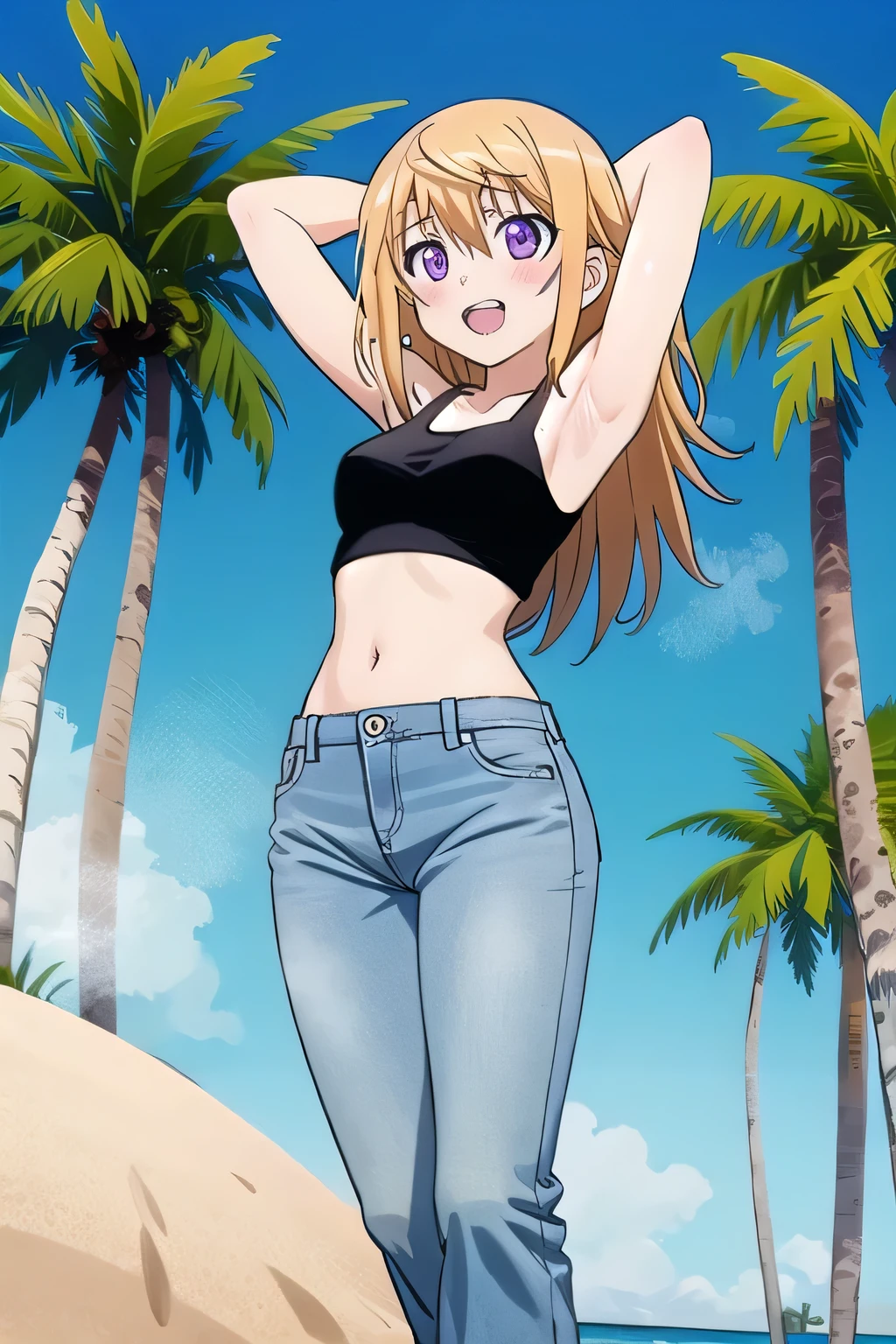 masterpiece,best quality,ultra detail, ((Perfect Face, Perfect Arms, Perfect hands, Perfect Fingers)), 1girl, , peti ((round face, ecstasy, orgasm face, drooping eyes, shame smiling, blush)), dropping eyes, sleepy, Open mouth, ((White teeth)), background((under the beach, (day:1.2), palm tree, bright sky)), charlotte dunois, long hair, blonde hair, (messy hair:1.4), ribbon, hair ribbon, (purple eyes:1.1), ((arms behind head, hands behind head, fingers behind head)), ((contrapposto)), spread armpits, looking at viewer,, (white tank top:1.2), (white crop top:1.2), (jeans pants:1.2, flares jeans:1.2, skinny jeans:1.2, blue jeans:1.2), standing, (legs spread:1.4), sex pose, Sweaty crotch, Steam from the crotch, from below, full medium body