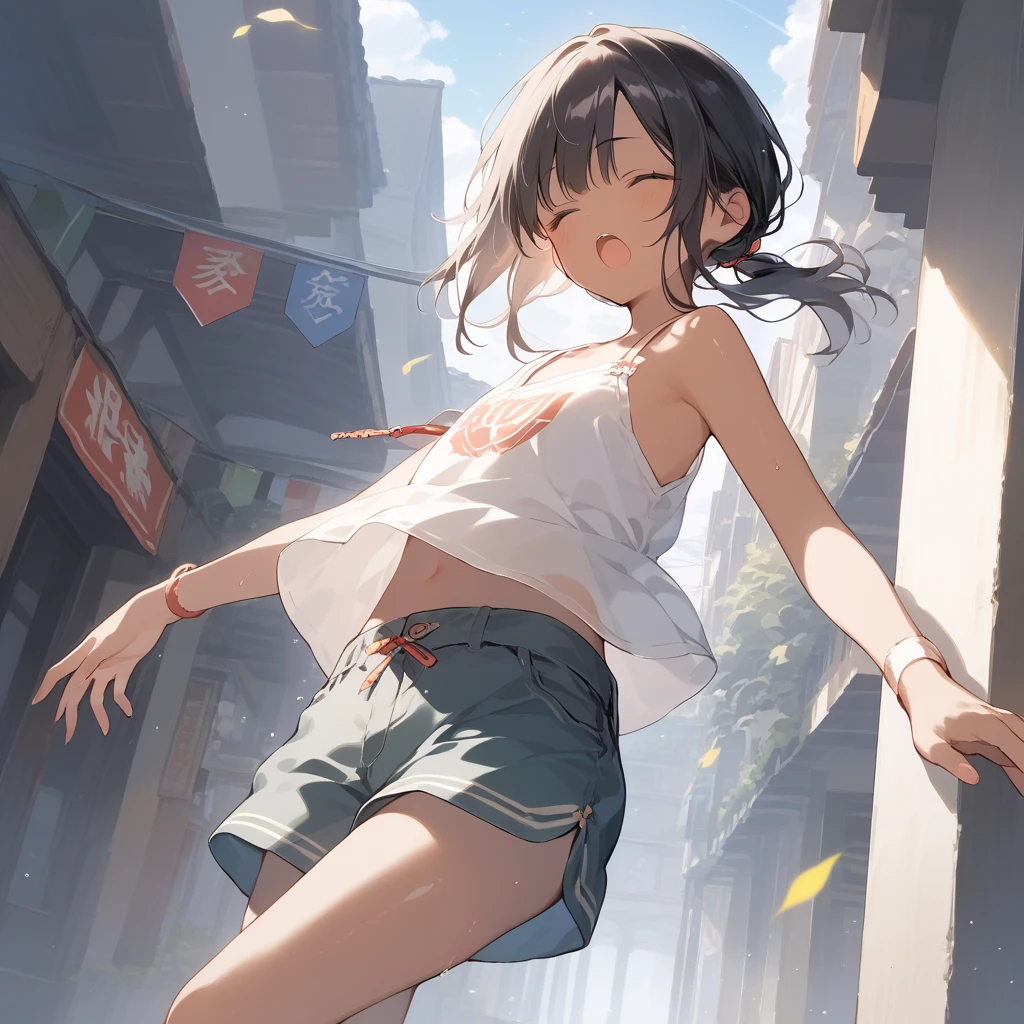 score_9, score_8_up, score_7_up, source_anime, best quality, masterpiece, official art, absurdres, highres, ultra-detailed,waifu2x,Collection: Slice of Life,break,1girl, tomboy, dark-skinned female, short hair, low ponytail, flat chest, beautiful detailed eyes, short shorts, sweat, open mouth, (yawn:0.3), sleepily, outdoors, wind,break,(clear line illustration:1.2), super detailed skin,very high resolution, very aesthetic, Best sexual lighting powered by famous artist, 8k,cute picture,beauty illustration,photoshop_(medium),,(Detailed Lighting),best anime 8k konachan wallpaper, pixiv contest winner,