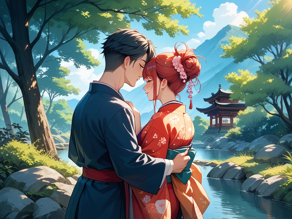 (1 man and 1 woman looking at each other on the arch bridge),Hanfu,Chinese Valentine's Day poster design pattern, Light tones, Red and purple, dreamy scenes, warm color,Huge Moon, Fireworks, Starry sky, Triangular composition, rich details, Faraway view,Chinese traditional painting,Jade,lanscape,auspicious,Light background,Best quality, Pastel,Soft light,4K,ultra-wide-angle,The lens is farther away,in a panoramic view