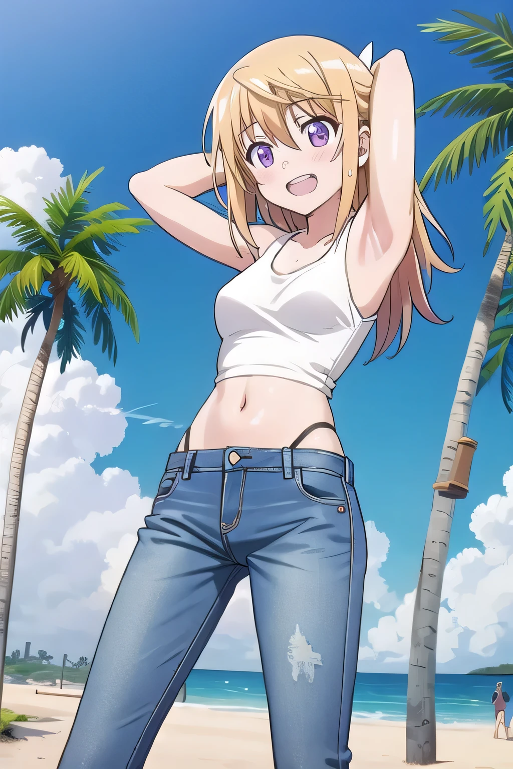 masterpiece,best quality,ultra detail, ((Perfect Face, Perfect Arms, Perfect hands, Perfect Fingers)), 1girl, , peti ((round face, ecstasy, orgasm face, drooping eyes, shame smiling, blush)), dropping eyes, sleepy, Open mouth, ((White teeth)), background((under the beach, (day:1.2), palm tree, bright sky)), charlotte dunois, long hair, blonde hair, (messy hair:1.4), ribbon, hair ribbon, (purple eyes:1.1), ((arms behind head, hands behind head, fingers behind head)), ((contrapposto)), spread armpits, looking at viewer,, (white tank top:1.2), (white crop top:1.2), (jeans pants:1.2, flares jeans:1.2, skinny jeans:1.2, blue jeans:1.2), standing, (legs spread:1.4), sex pose, Sweaty crotch, Steam from the crotch, from below, full medium body