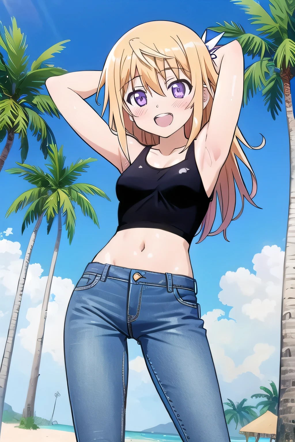 masterpiece,best quality,ultra detail, ((Perfect Face, Perfect Arms, Perfect hands, Perfect Fingers)), 1girl, , peti ((round face, ecstasy, orgasm face, drooping eyes, shame smiling, blush)), dropping eyes, sleepy, Open mouth, ((White teeth)), background((under the beach, (day:1.2), palm tree, bright sky)), charlotte dunois, long hair, blonde hair, (messy hair:1.7), ribbon, hair ribbon, (purple eyes:1.1), ((arms behind head, hands behind head, fingers behind head)), ((contrapposto)), spread armpits, looking at viewer,, (white tank top:1.2), (white crop top:1.2), (jeans pants:1.2, flares jeans:1.2, skinny jeans:1.2, blue jeans:1.2), standing, (legs spread:1.4), sex pose, Sweaty crotch, Steam from the crotch, from below, full medium body