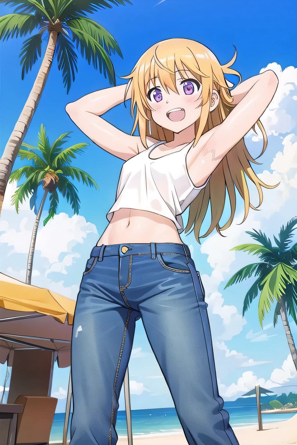 masterpiece,best quality,ultra detail, ((Perfect Face, Perfect Arms, Perfect hands, Perfect Fingers)), 1girl, , peti ((round face, ecstasy, orgasm face, drooping eyes, shame smiling, blush)), dropping eyes, sleepy, Open mouth, ((White teeth)), background((under the beach, (day:1.2), palm tree, bright sky)), charlotte dunois, long hair, blonde hair, (messy hair:1.7), ribbon, hair ribbon, (purple eyes:1.1), ((arms behind head, hands behind head, fingers behind head)), ((contrapposto)), spread armpits, looking at viewer,, (white tank top:1.2), (white crop top:1.2), (jeans pants:1.2, flares jeans:1.2, skinny jeans:1.2, blue jeans:1.2), standing, (legs spread:1.4), sex pose, Sweaty crotch, Steam from the crotch, from below, full medium body