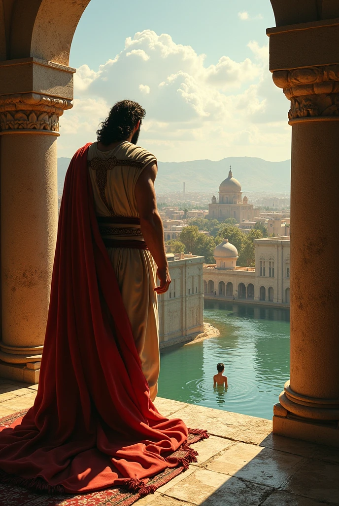 Ultra-realistic 8k Image, Show David on the roof of his palace looking down at Bathsheba as she bathes, a scene that represents the beginning of his forbidden desire.