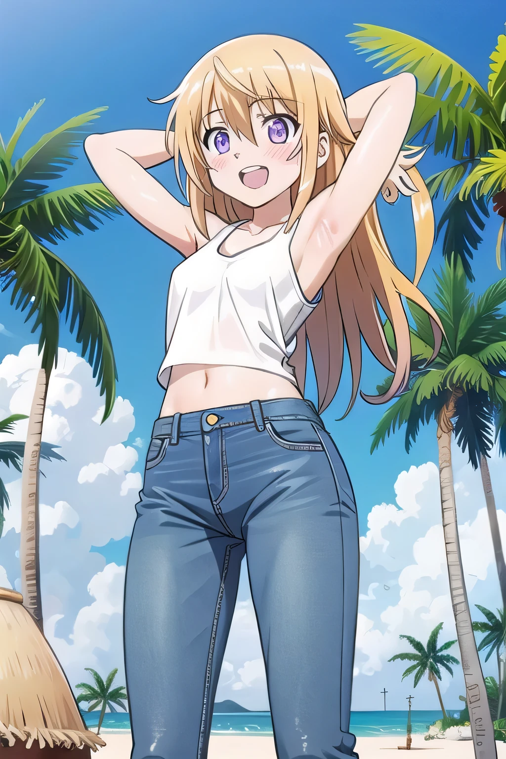 masterpiece,best quality,ultra detail, ((Perfect Face, Perfect Arms, Perfect hands, Perfect Fingers)), 1girl, , peti ((round face, ecstasy, orgasm face, drooping eyes, shame smiling, blush)), dropping eyes, sleepy, Open mouth, ((White teeth)), background((under the beach, (day:1.2), palm tree, bright sky)), charlotte dunois, long hair, blonde hair, (messy hair:1.7), ribbon, hair ribbon, (purple eyes:1.1), ((arms behind head, hands behind head, fingers behind head)), ((contrapposto)), spread armpits, looking at viewer,, (white tank top:1.2), (white crop top:1.2), (jeans pants:1.2, flares jeans:1.2, skinny jeans:1.2, blue jeans:1.2), standing, (legs spread:1.4), sex pose, Sweaty crotch, Steam from the crotch, from below, full medium body
