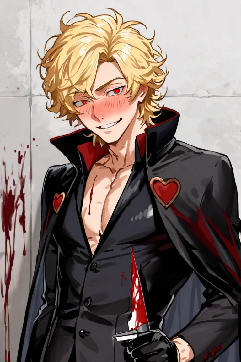 Solo, male, blonde hair, red eyes, black coat, red scarf, black roses, red roses, thorns, blood, smile facial