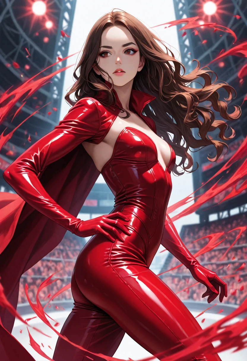 (masterpiece) best quality, highly detailed CG illustration of "The Scarlet Witch," a powerful and mysterious female superhero from Marvel Comics, in a dynamic and intense pose. She stands amidst vibrant and swirling red energy as she casts a spell with her hands, her intense gaze fixed upon the viewer. Her signature red-and-black costume is rendered in stunning detail, with intricate stitching and folds that showcase her powerful curves and muscles. The background behind her is shrouded in a hazy and eerie red mist, hinting at the vast and unknowable power she wields.